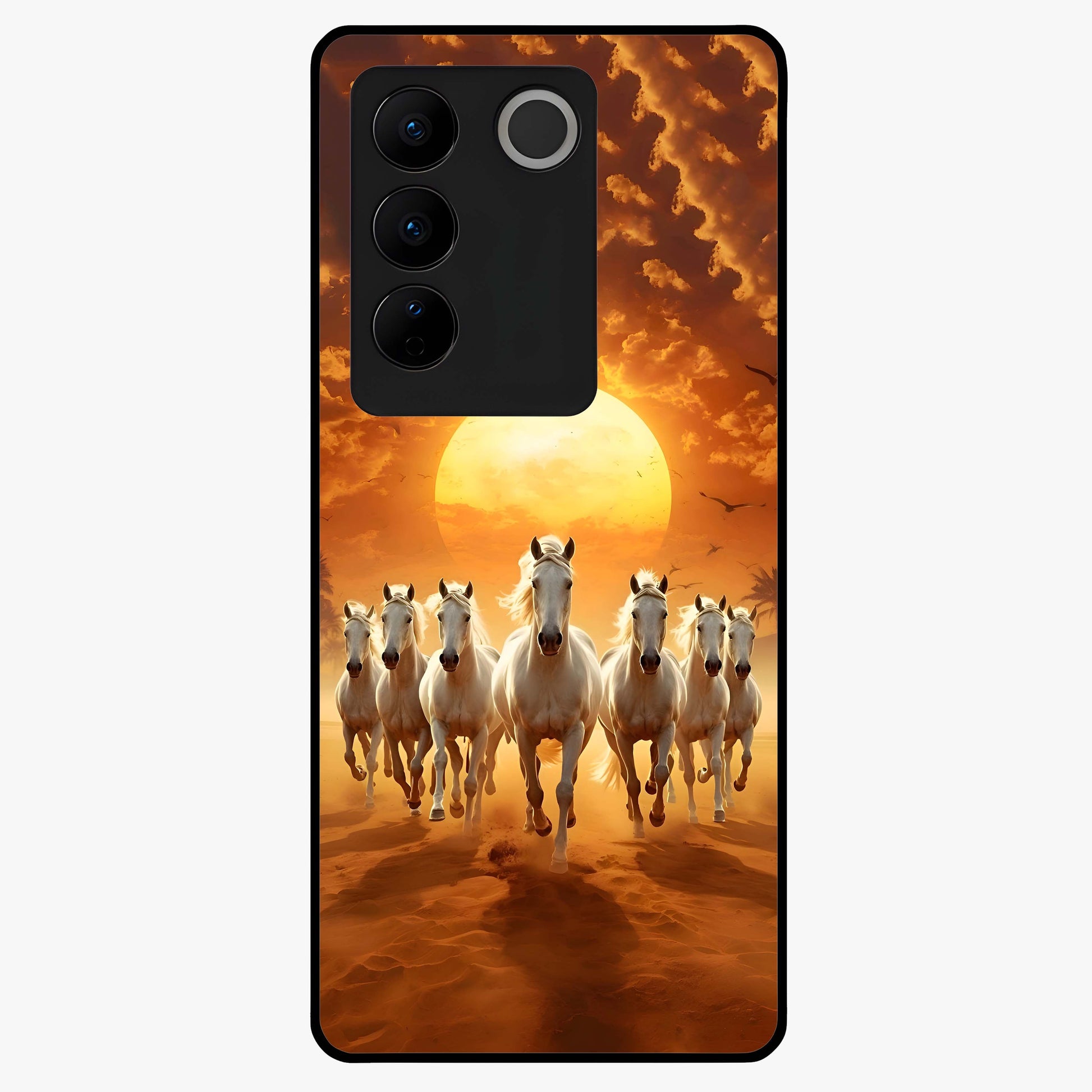 Wild Sunset Majesty Glass Case showing flat back view with majestic sunset landscape artwork and glossy glass finish.