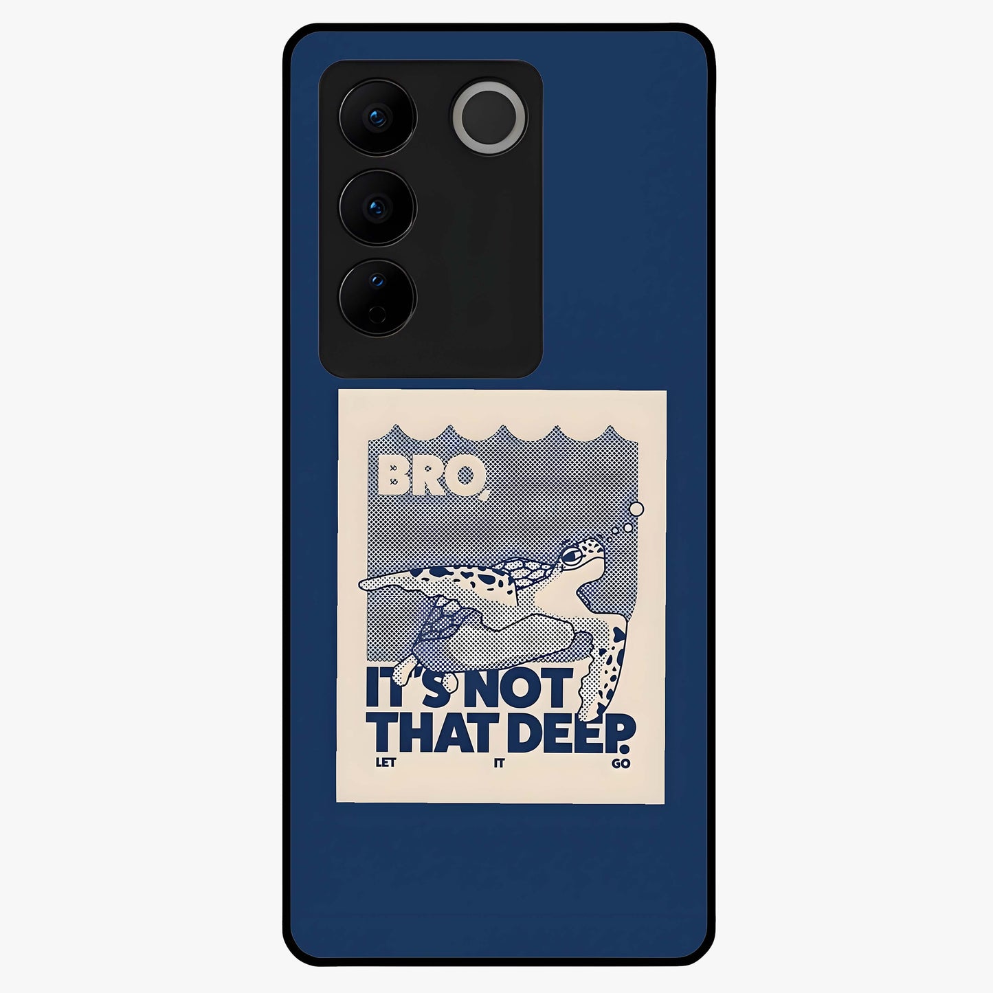 Worry Less Swim Glass Case showing flat back view with playful motivational artwork and glossy glass finish.