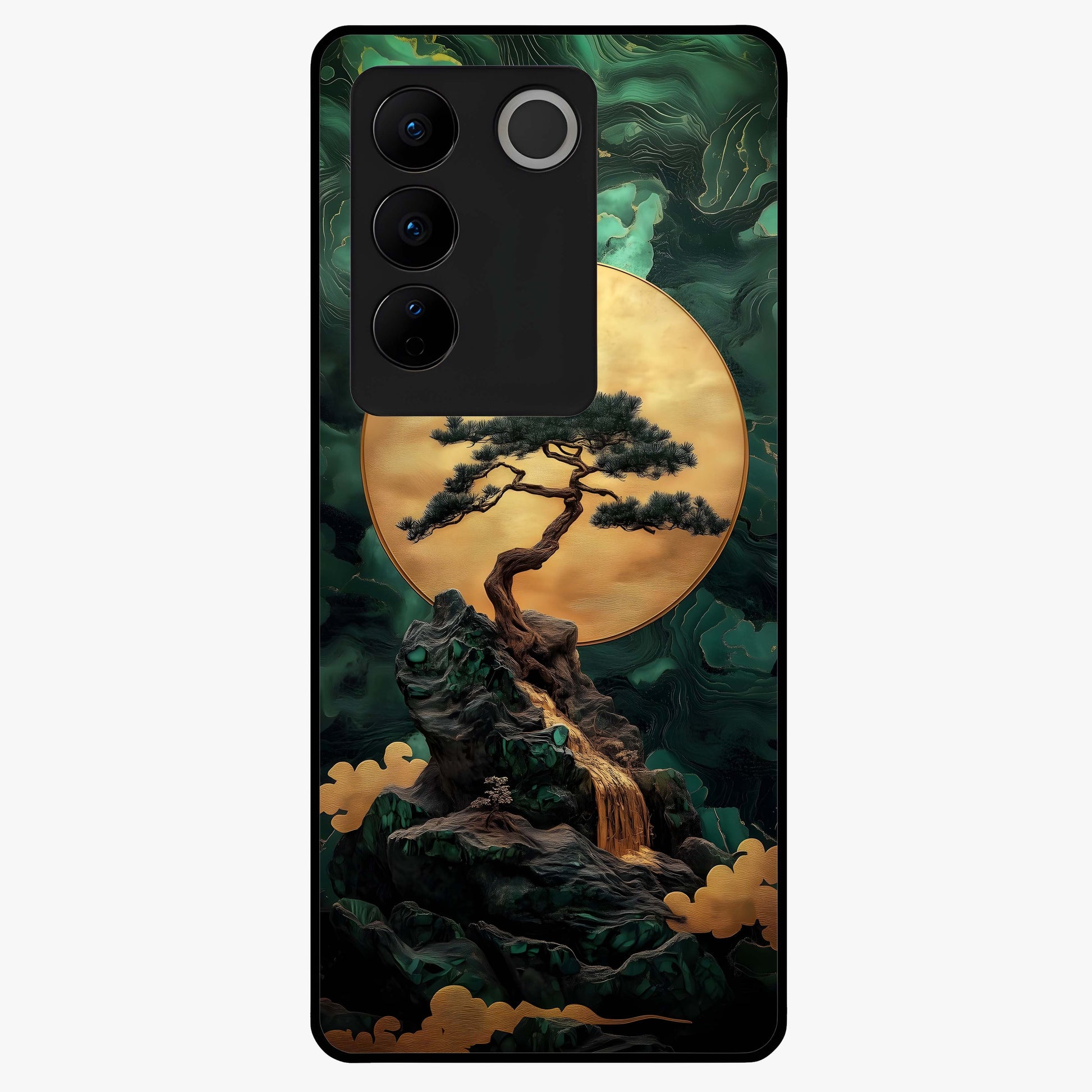 Zen Moon Rise Glass Case showing flat back view with calm moonrise artwork and glossy glass finish.