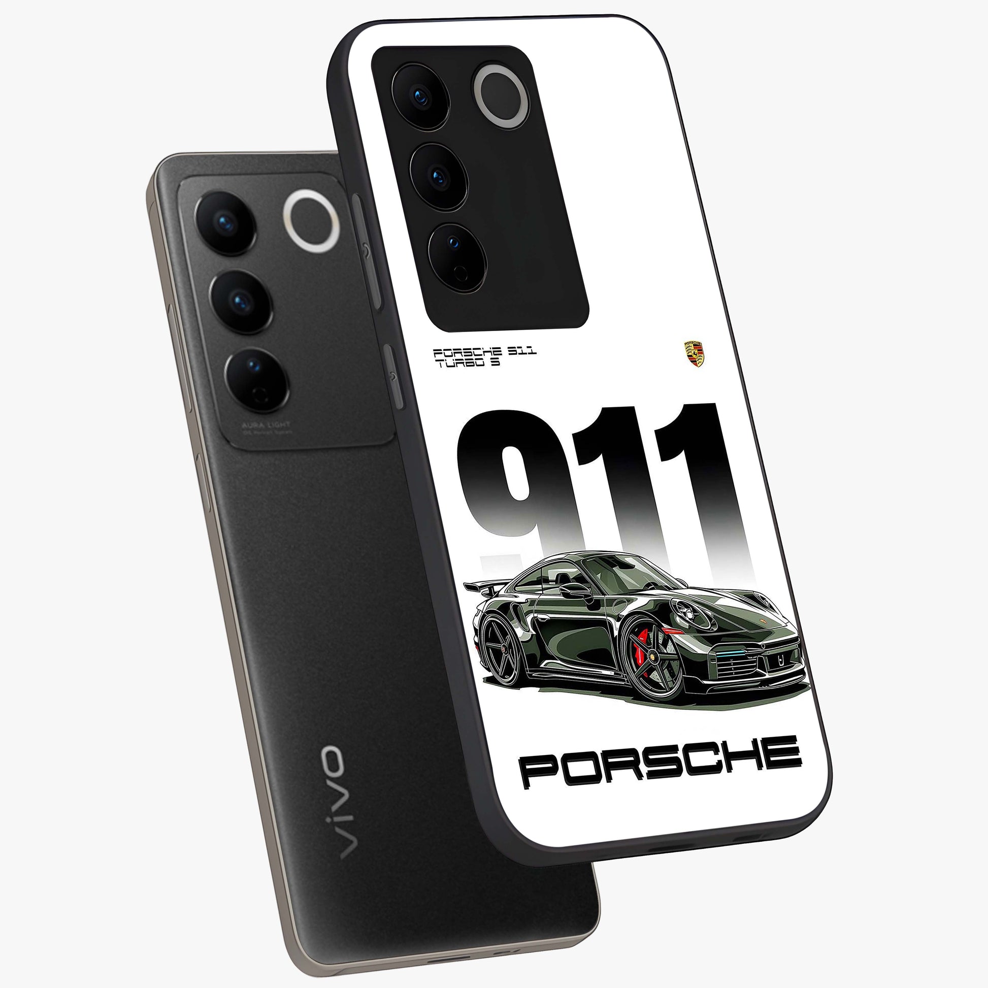 911 Turbo Dominance Glass Case displayed in premium angled mockup highlighting sporty car illustration and sleek glass surface.