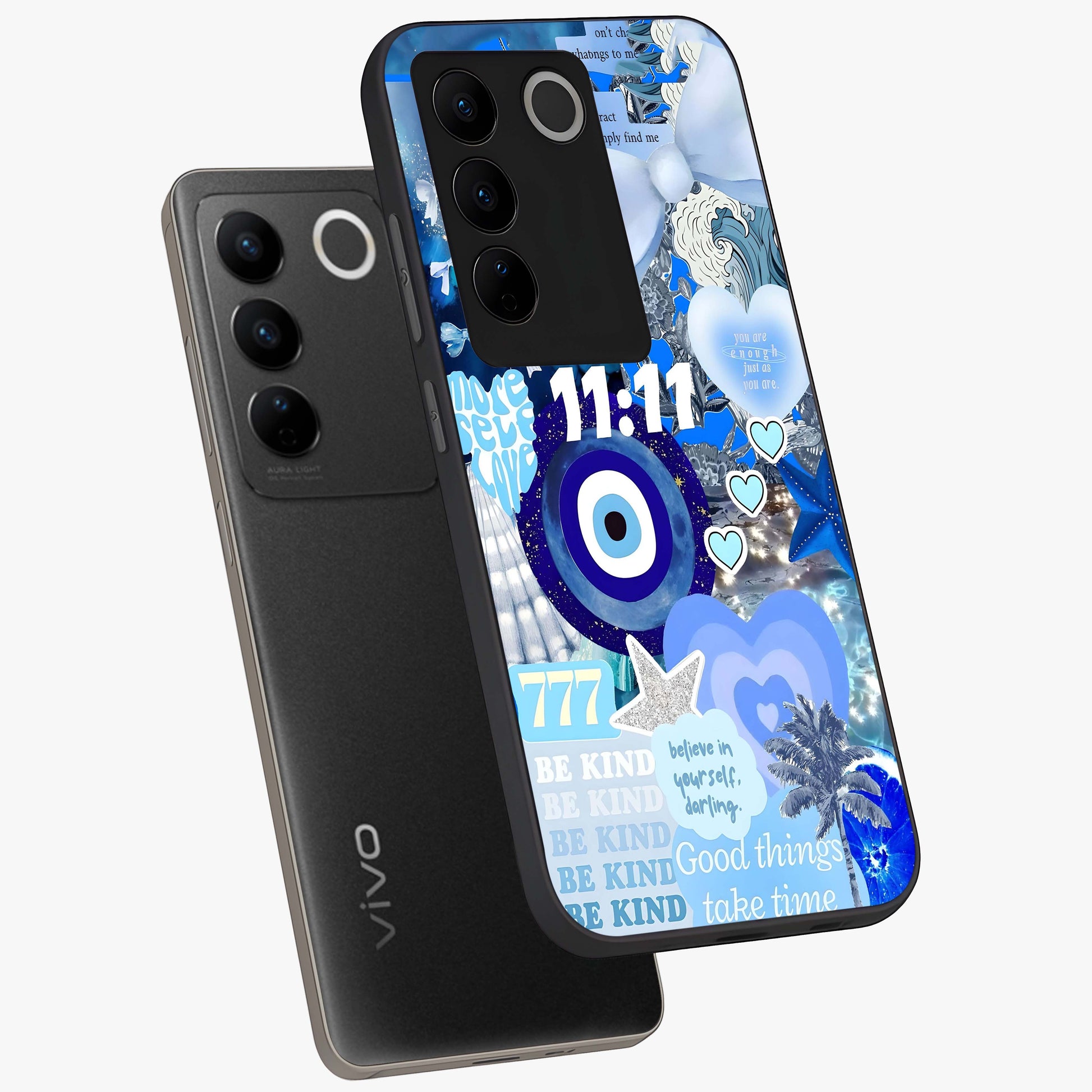 Aesthetic Be Kind Eye Glass Case displayed in angled mockup highlighting aesthetic eye design and inspirational vibe.