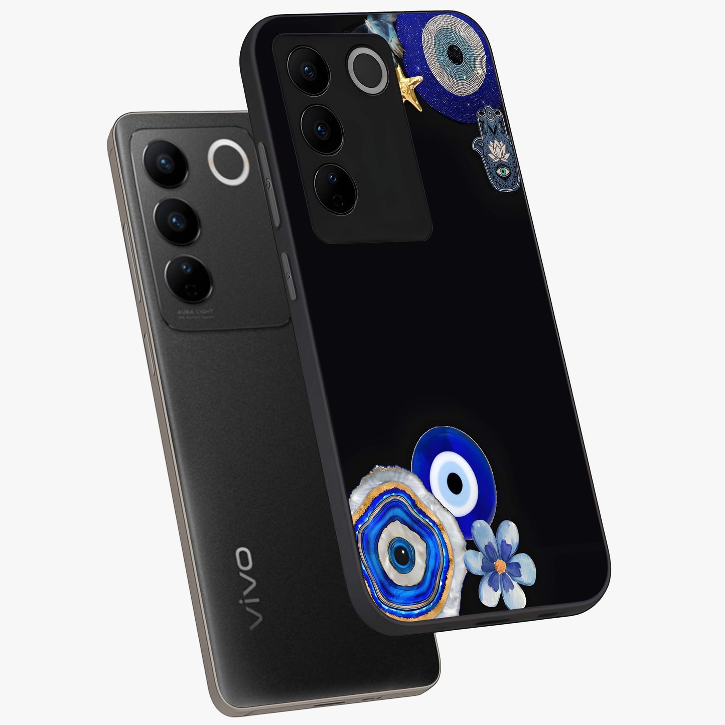 Aesthetic Blue Evil Eye Glass Case displayed in angled mockup highlighting blue evil eye symbol and spiritual aesthetic design.