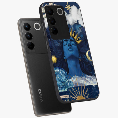 Aesthetic Lord Shiva Glass Case displayed in angled mockup highlighting spiritual Shiva illustration and sacred aesthetic design.