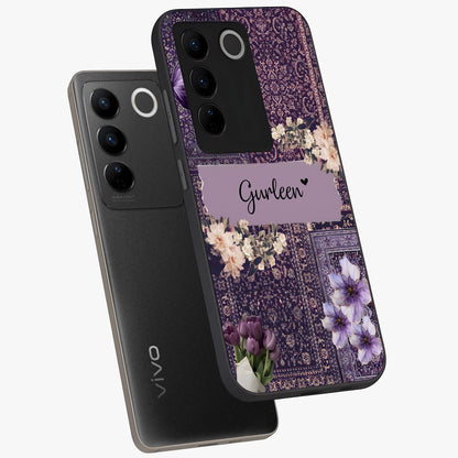 Antique Floral Whisper Custom Name Glass Case displayed in angled mockup highlighting elegant antique floral aesthetic.
