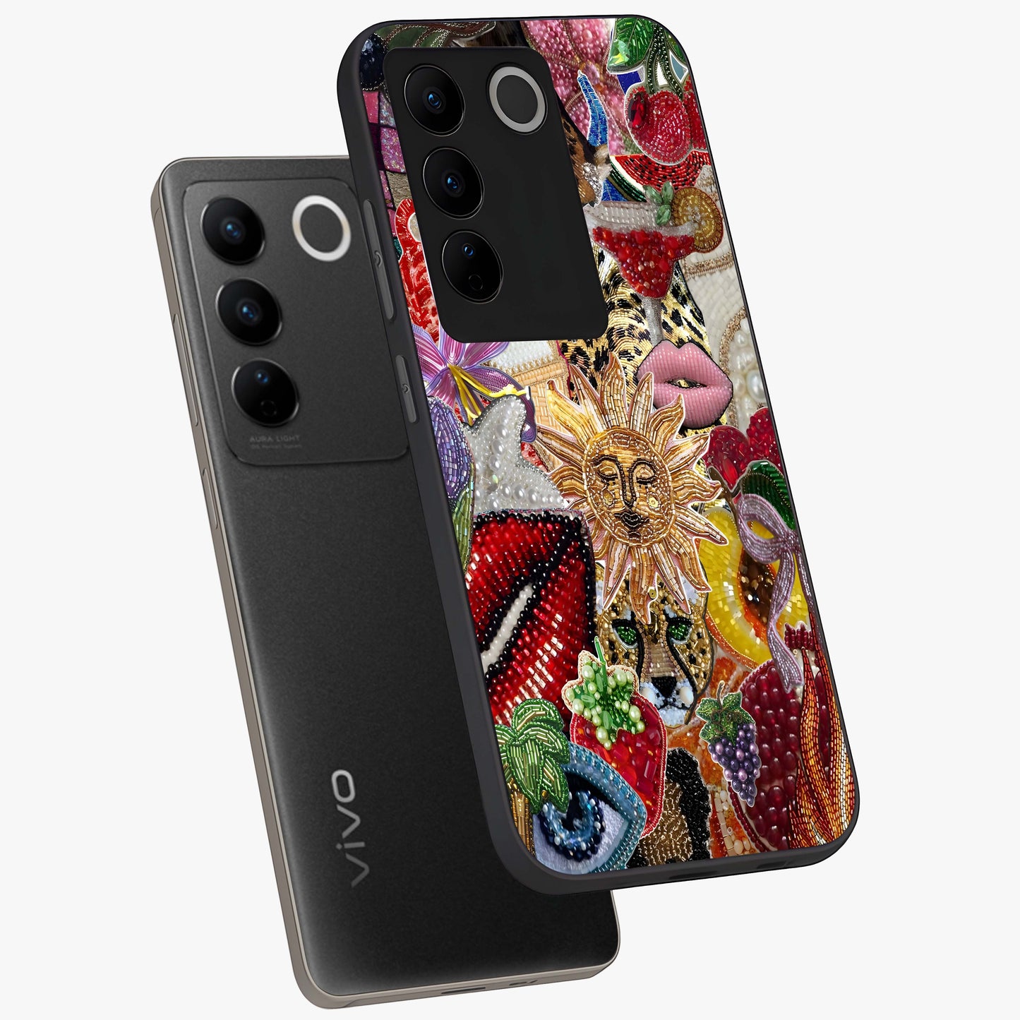 Beaded Fashion Jungle Glass Case displayed in angled mockup highlighting colorful fashion bead design and artistic pattern.