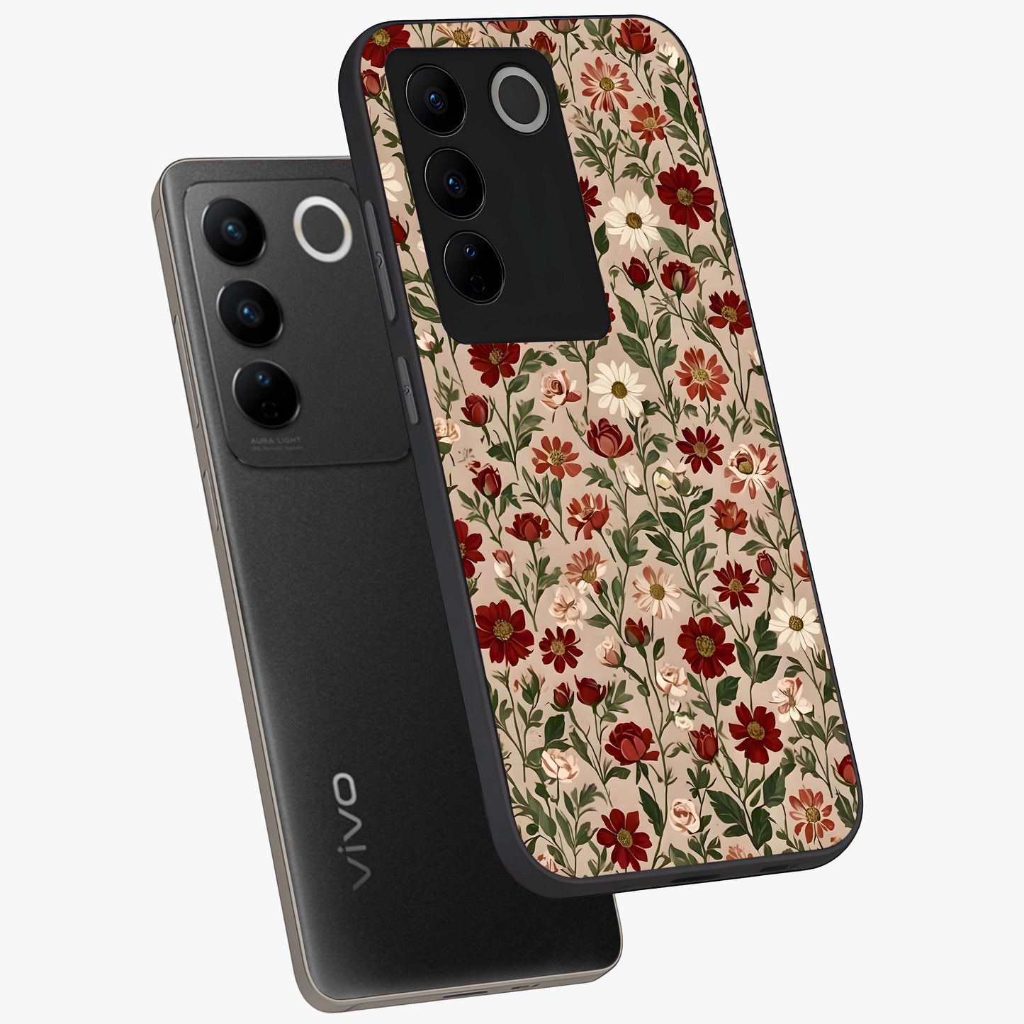 Biege Flower With Leaf Glass Case displayed in angled mockup highlighting minimal floral leaf design and elegant aesthetic.