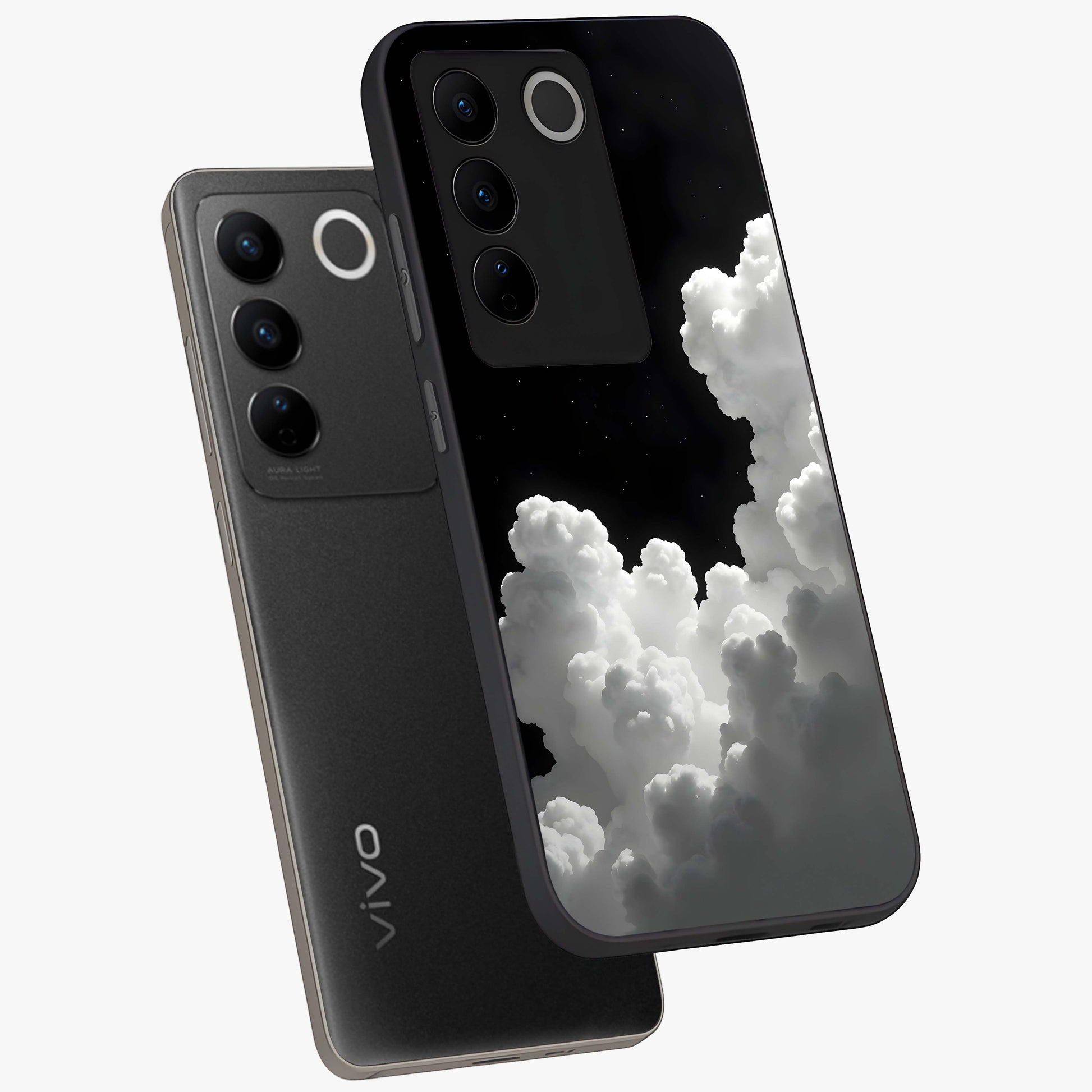 Black Background With White Cloud Glass Case displayed in angled mockup highlighting soft white cloud illustration and minimal design.