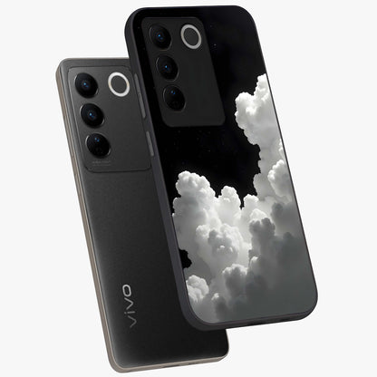 Black Background With White Cloud Glass Case displayed in angled mockup highlighting soft white cloud illustration and minimal design.