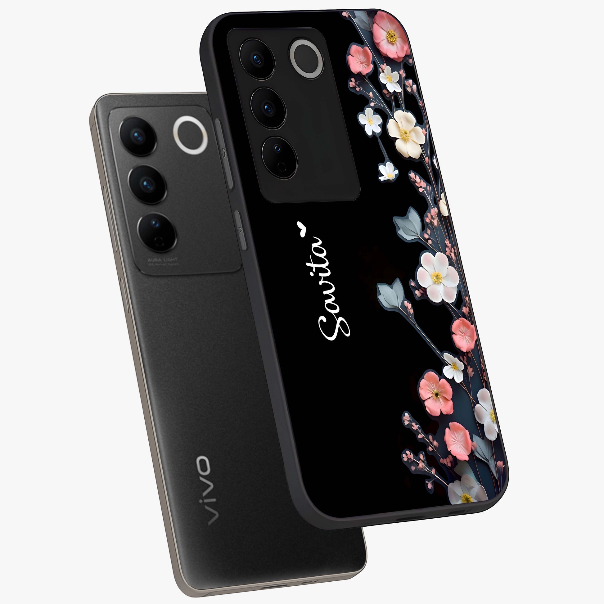 Black Elegance Floral Custom Name Glass Case displayed in angled mockup highlighting dark floral aesthetic and custom name feature.