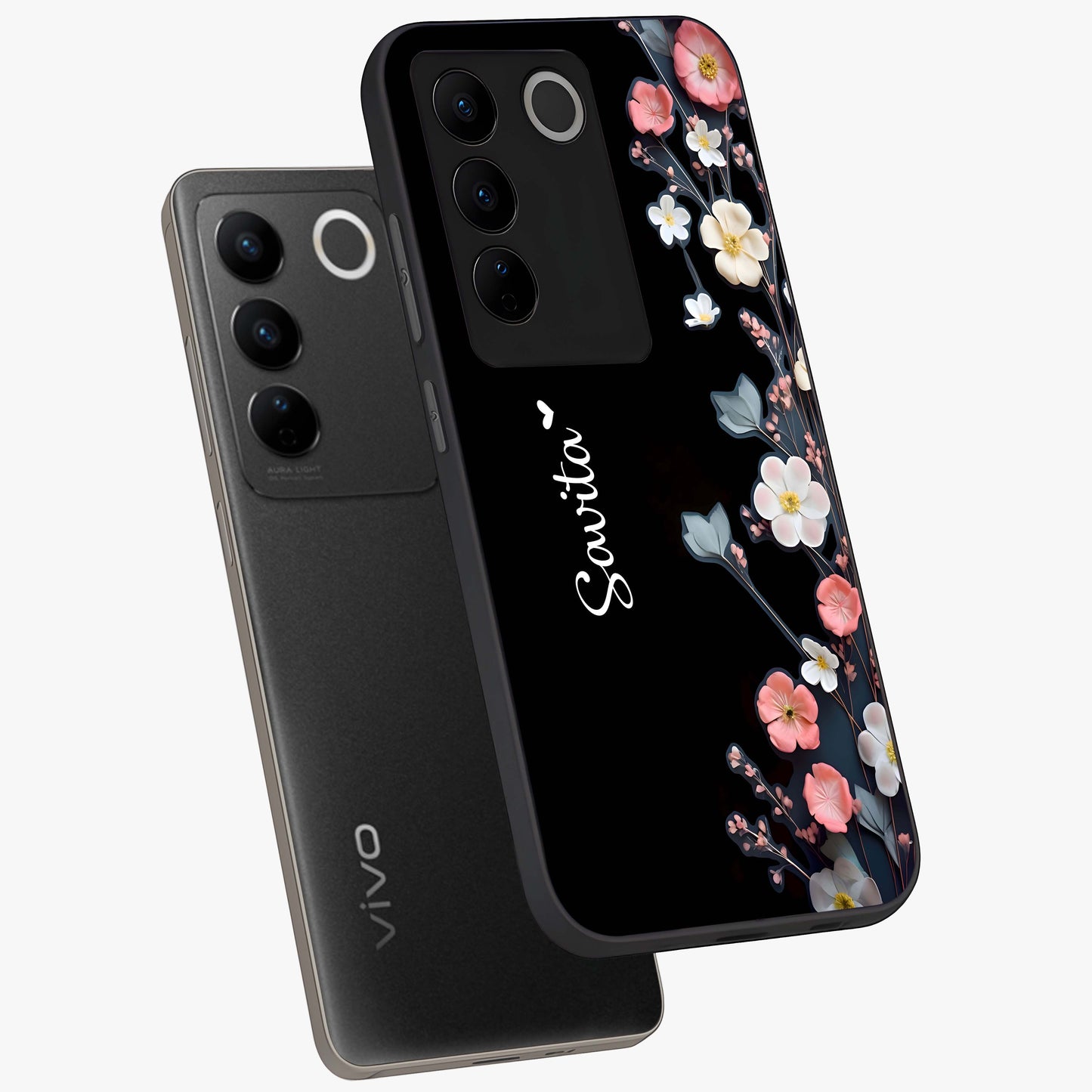 Black Elegance Floral Custom Name Glass Case displayed in angled mockup highlighting dark floral aesthetic and custom name feature.