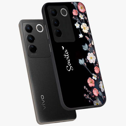 Black Elegance Floral Custom Name Glass Case displayed in angled mockup highlighting dark floral aesthetic and custom name feature.