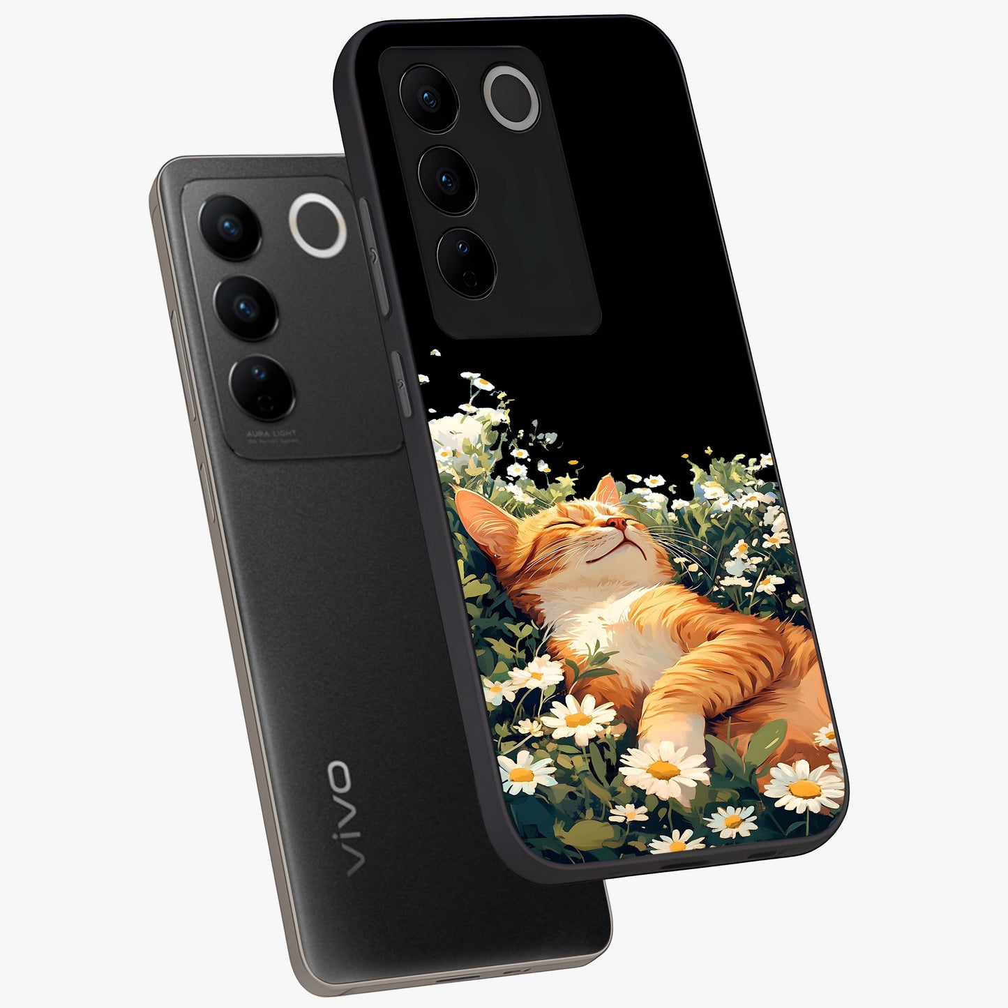 Blissful Bloom Cat Glass Case displayed in angled mockup highlighting playful feline illustration with soft floral aesthetic.