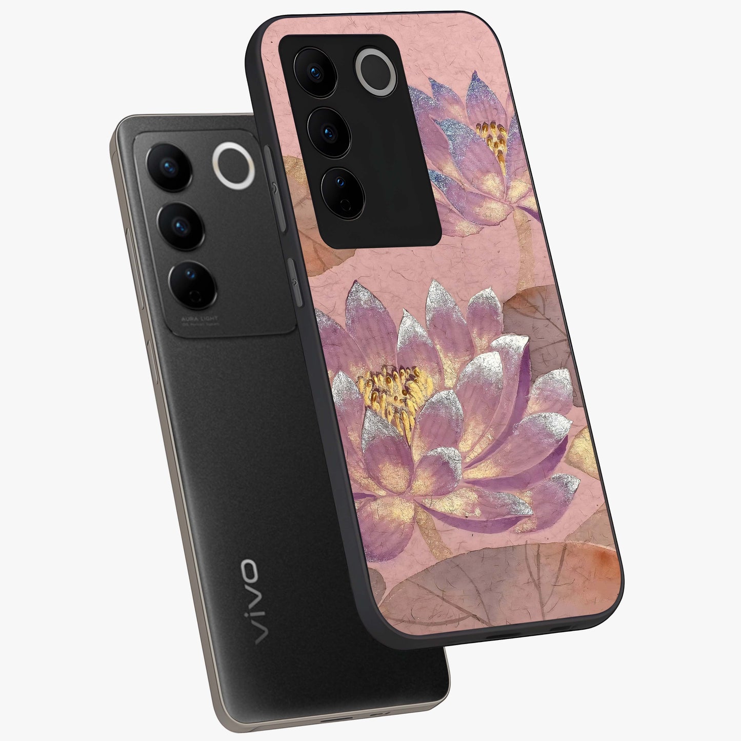 Blossom Mist Lotus Glass Case displayed in angled mockup highlighting delicate lotus illustration with calm aesthetic theme.