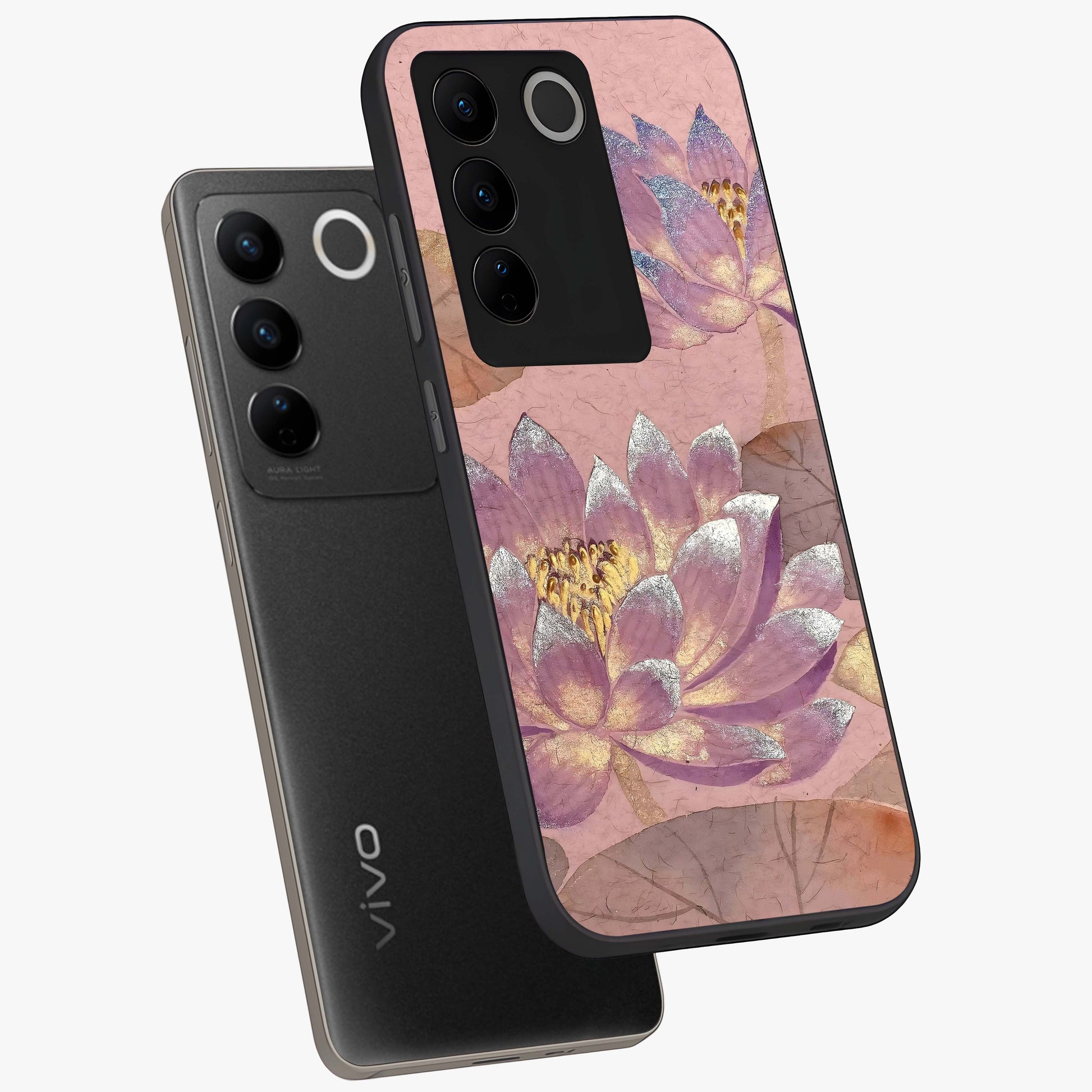 Blossom Mist Lotus Glass Case displayed in angled mockup highlighting delicate lotus illustration with calm aesthetic theme.