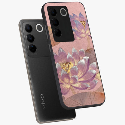 Blossom Mist Lotus Glass Case displayed in angled mockup highlighting delicate lotus illustration with calm aesthetic theme.