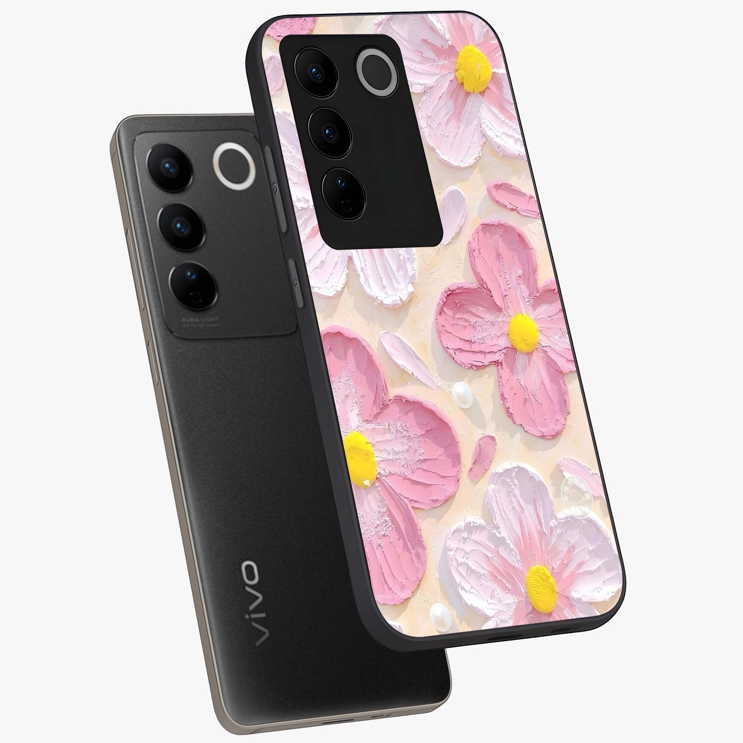 Blush Bloom Texture Glass Case displayed in angled mockup highlighting subtle bloom pattern with aesthetic pastel design.