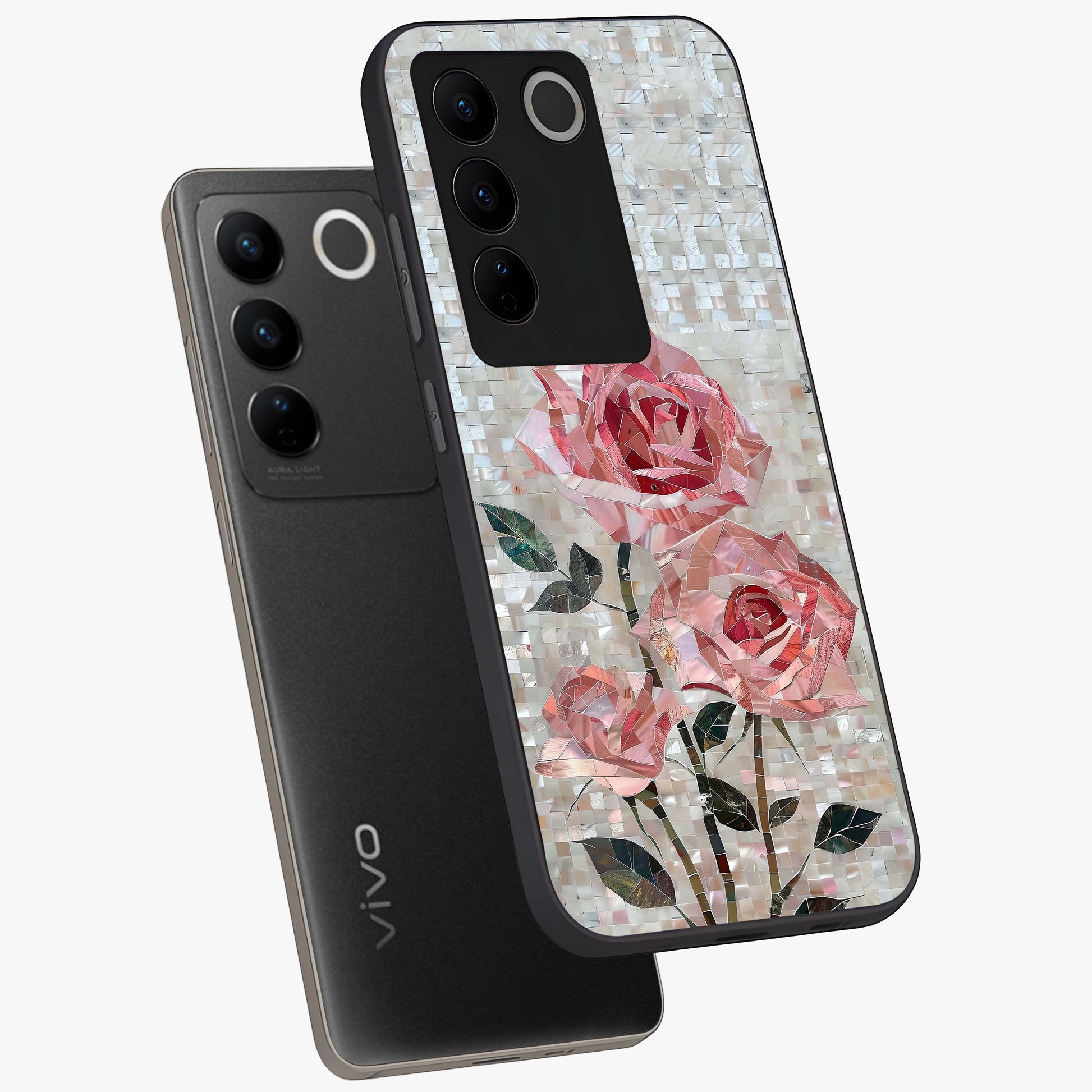 Blush Mosaic Bloom Glass Case displayed in angled mockup highlighting artistic mosaic flower pattern with aesthetic design.