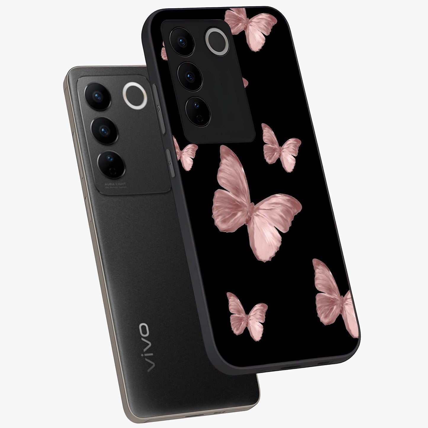 Butterfly Pattern Glass Case displayed in angled mockup highlighting delicate butterfly design and aesthetic pattern style.
