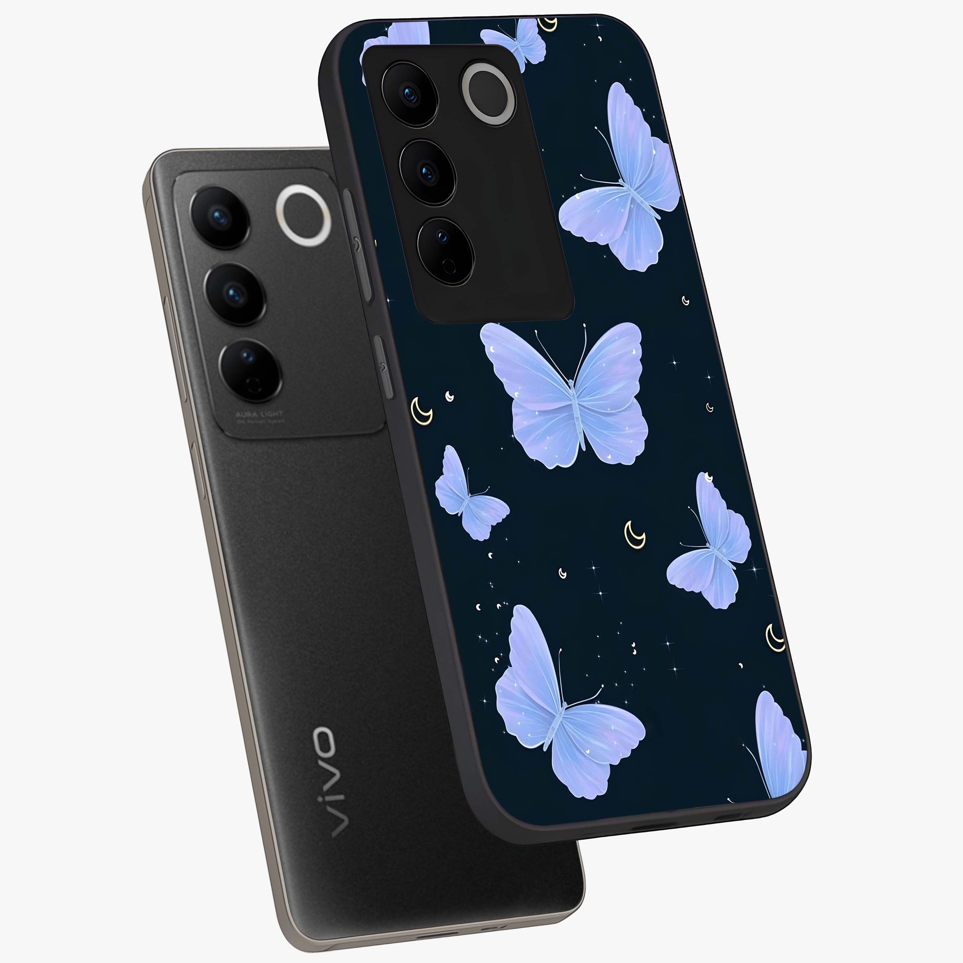 Butterfly With Stars Pattern Glass Case displayed in angled mockup highlighting dreamy butterfly and star design with aesthetic theme.