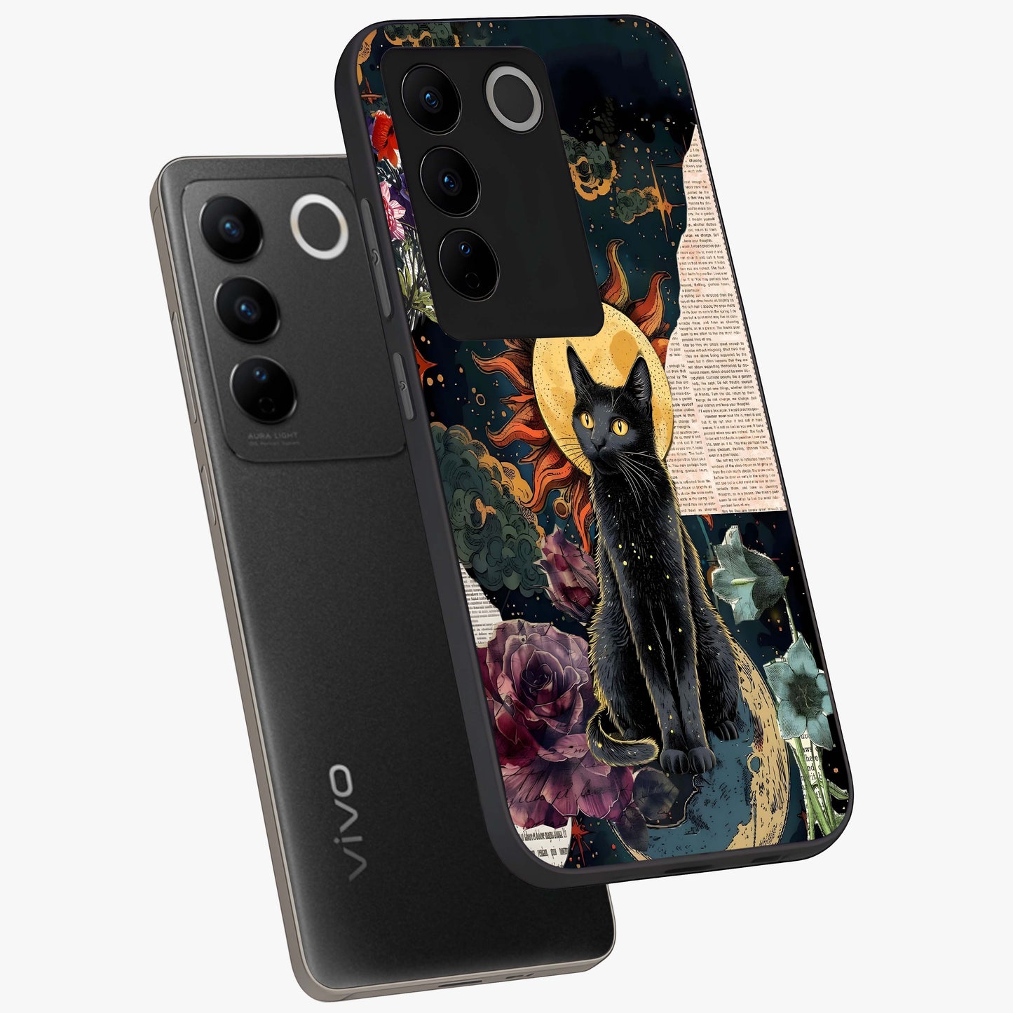 Celestial Black Cat Glass Case displayed in angled mockup highlighting cosmic black cat design with celestial aesthetic.