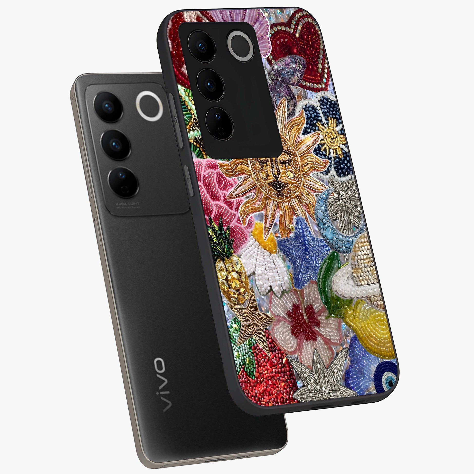 Celestial Floral and Playful Glass Case displayed in angled mockup highlighting playful floral design with dreamy celestial elements.