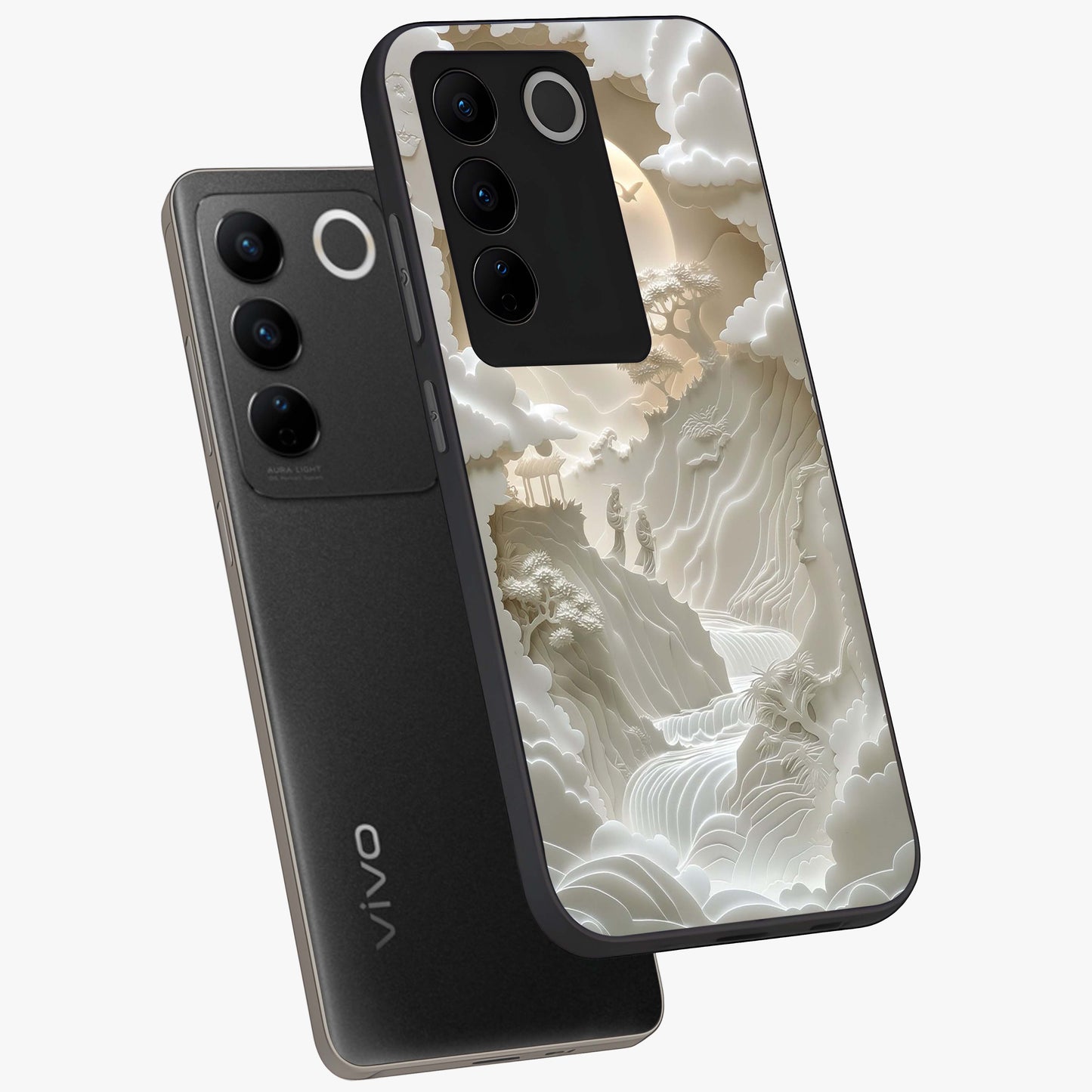 Celestial Origami Glass Case displayed in angled mockup highlighting geometric origami design with cosmic aesthetic theme.