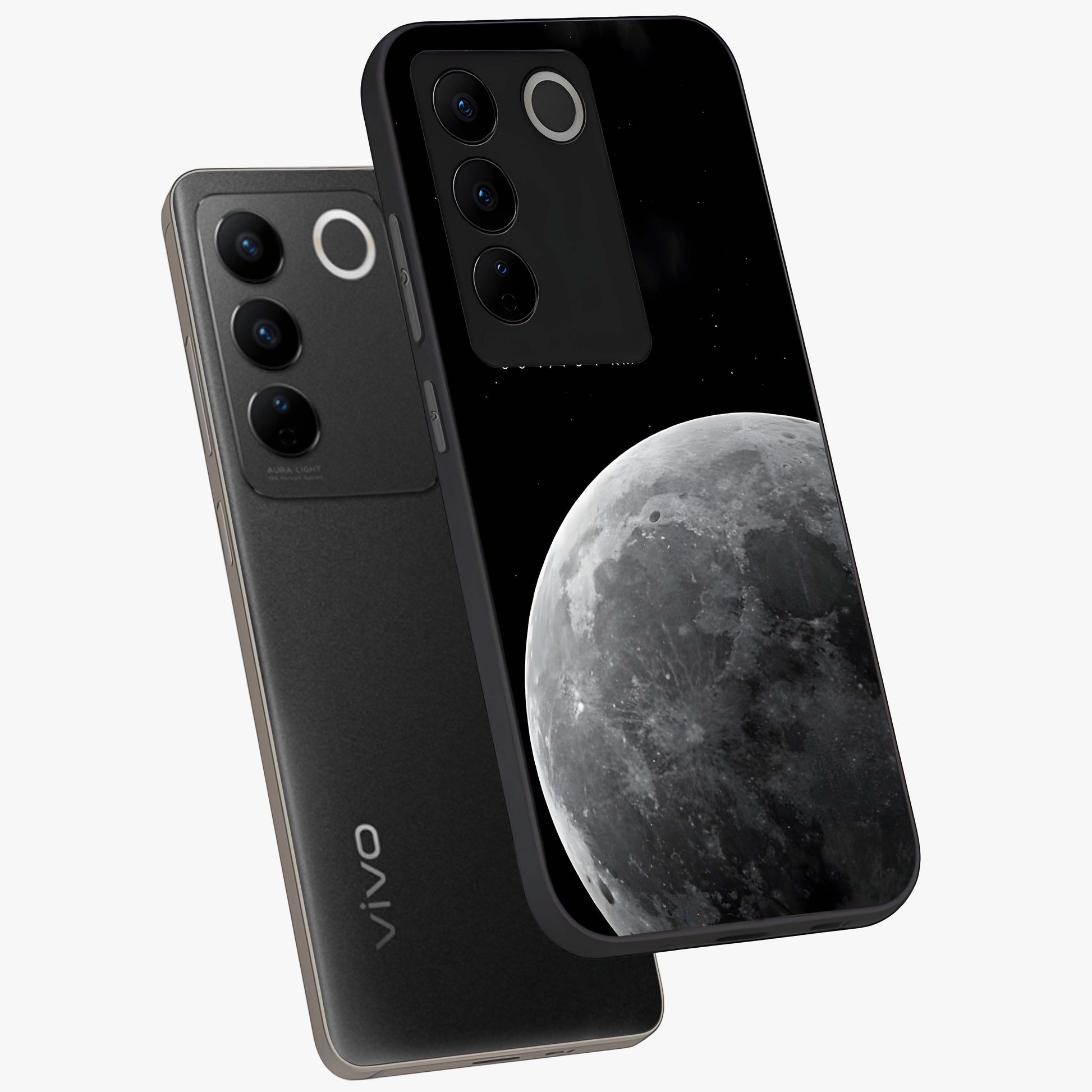Cosmic Moon Glow Glass Case displayed in angled mockup highlighting celestial moon design with cosmic aesthetic theme.
