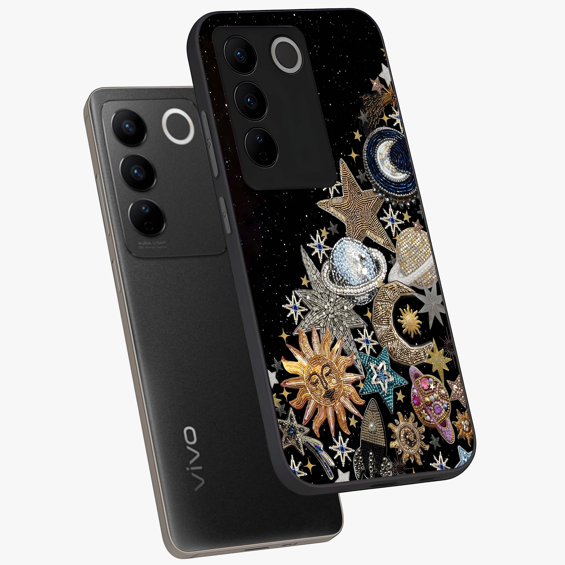 Cosmic Sparkle Dreams Glass Case displayed in angled mockup highlighting dreamy star sparkle design with celestial aesthetic.
