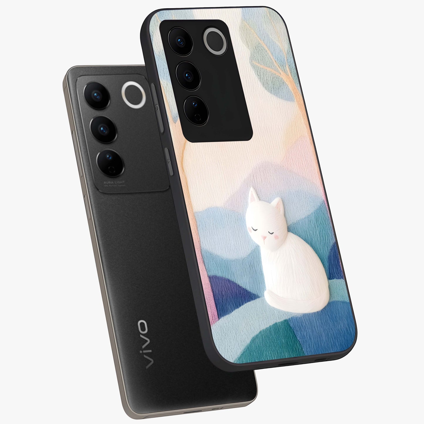 Cotton Dream Cat Glass Case displayed in angled mockup highlighting cute feline illustration with pastel aesthetic style.