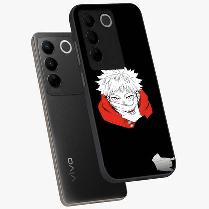 Crimson Chaos Smile Glass Case displayed in angled mockup highlighting edgy crimson smile design with graphic aesthetic.