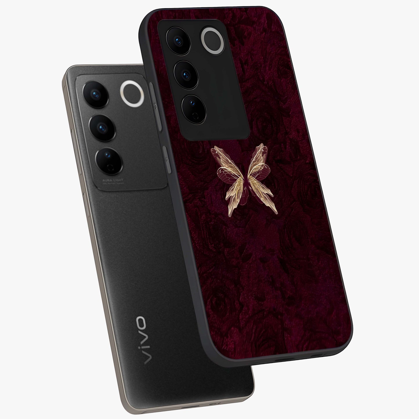 Crimson Fade Butterfly Glass Case displayed in angled mockup highlighting elegant butterfly design with crimson gradient aesthetic.