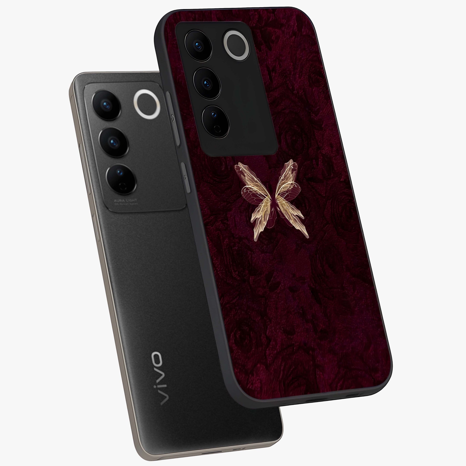 Crimson Fade Butterfly Glass Case displayed in angled mockup highlighting elegant butterfly design with crimson gradient aesthetic.