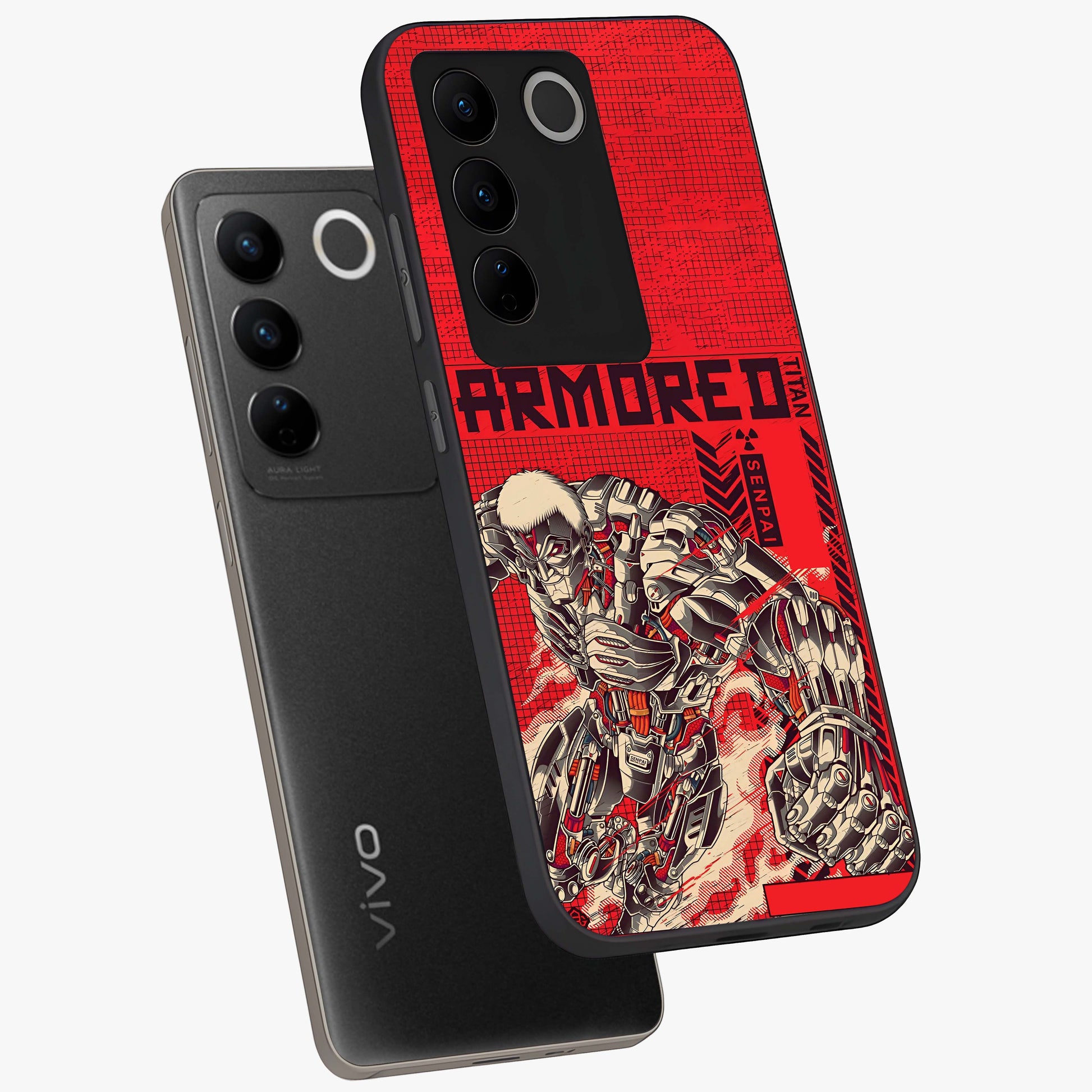 Crimson Mecha Titan Glass Case displayed in angled mockup highlighting futuristic mech illustration with bold crimson aesthetic.