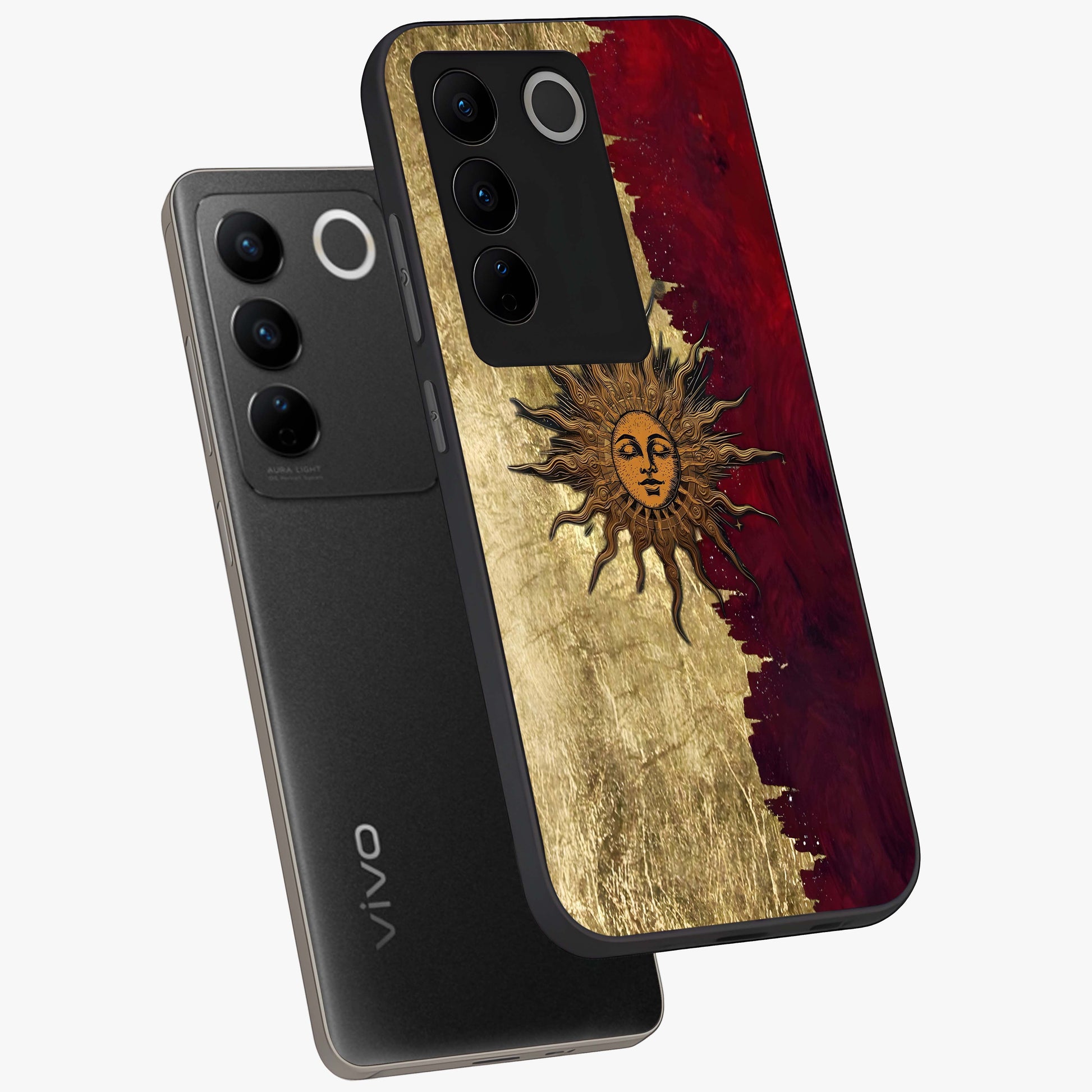 Crimson Sun Majesty Glass Case displayed in angled mockup highlighting majestic crimson sun design with bold aesthetic style.