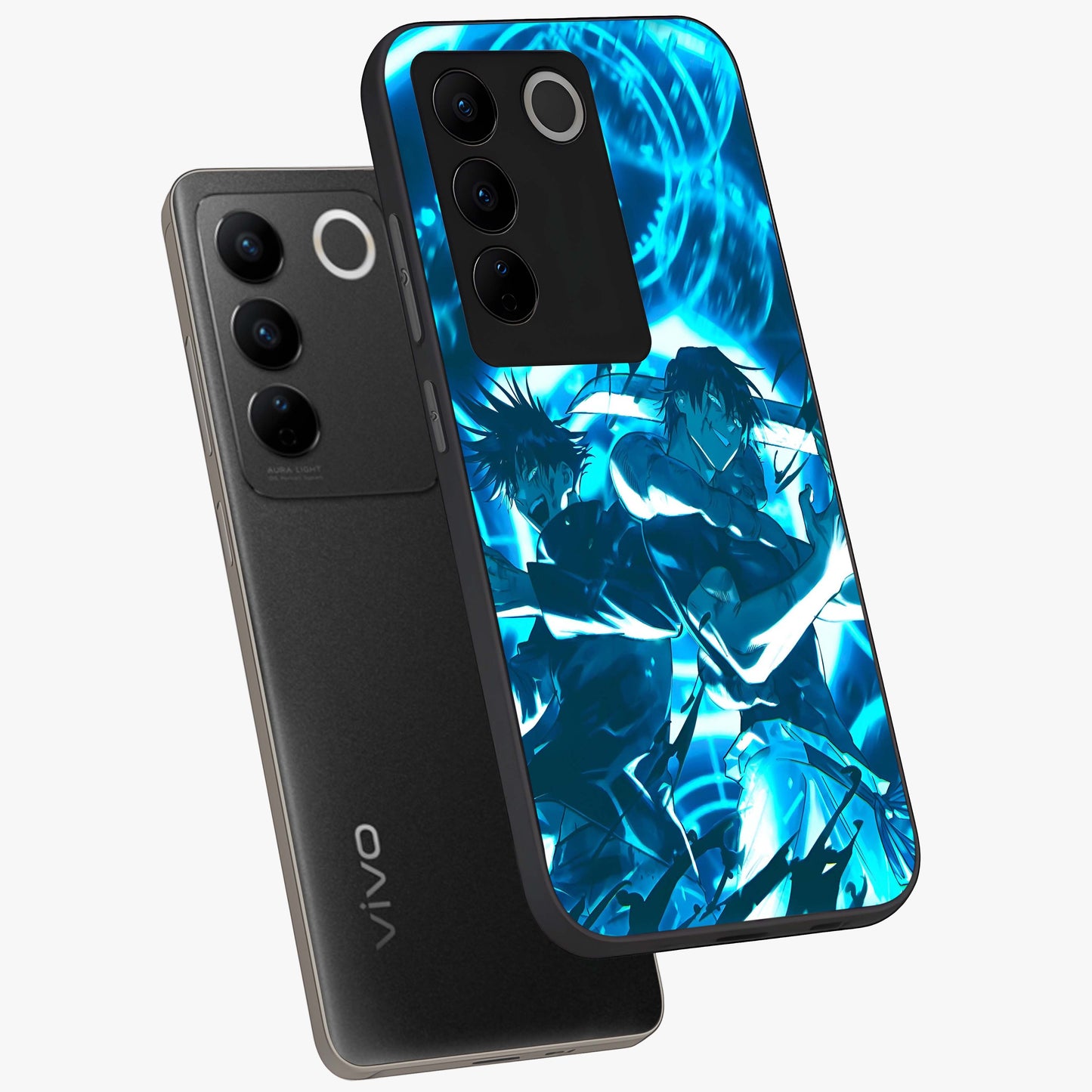 Cursed Energy Clash Glass Case displayed in angled mockup highlighting powerful battle inspired graphic with anime style aesthetic.