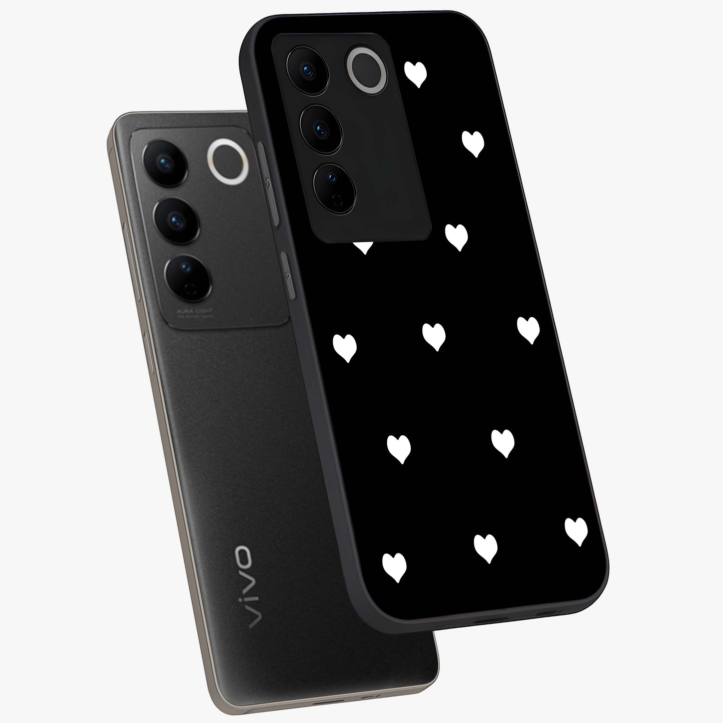 Cute And Simple White Hearts Glass Case displayed in angled mockup highlighting cute heart design with clean aesthetic style.