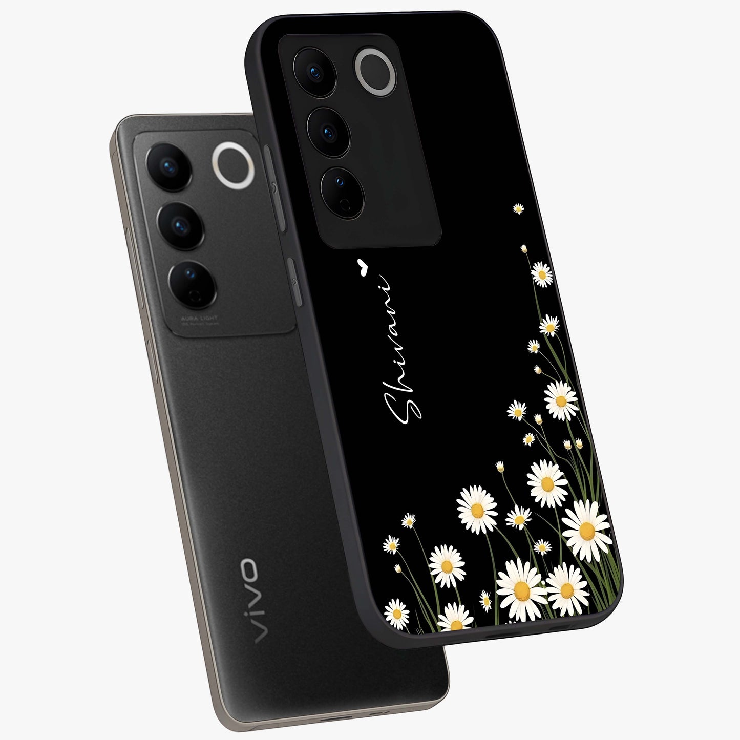 Daisy Cascade Custom Name Glass Case displayed in angled mockup highlighting delicate daisy artwork with custom name feature.