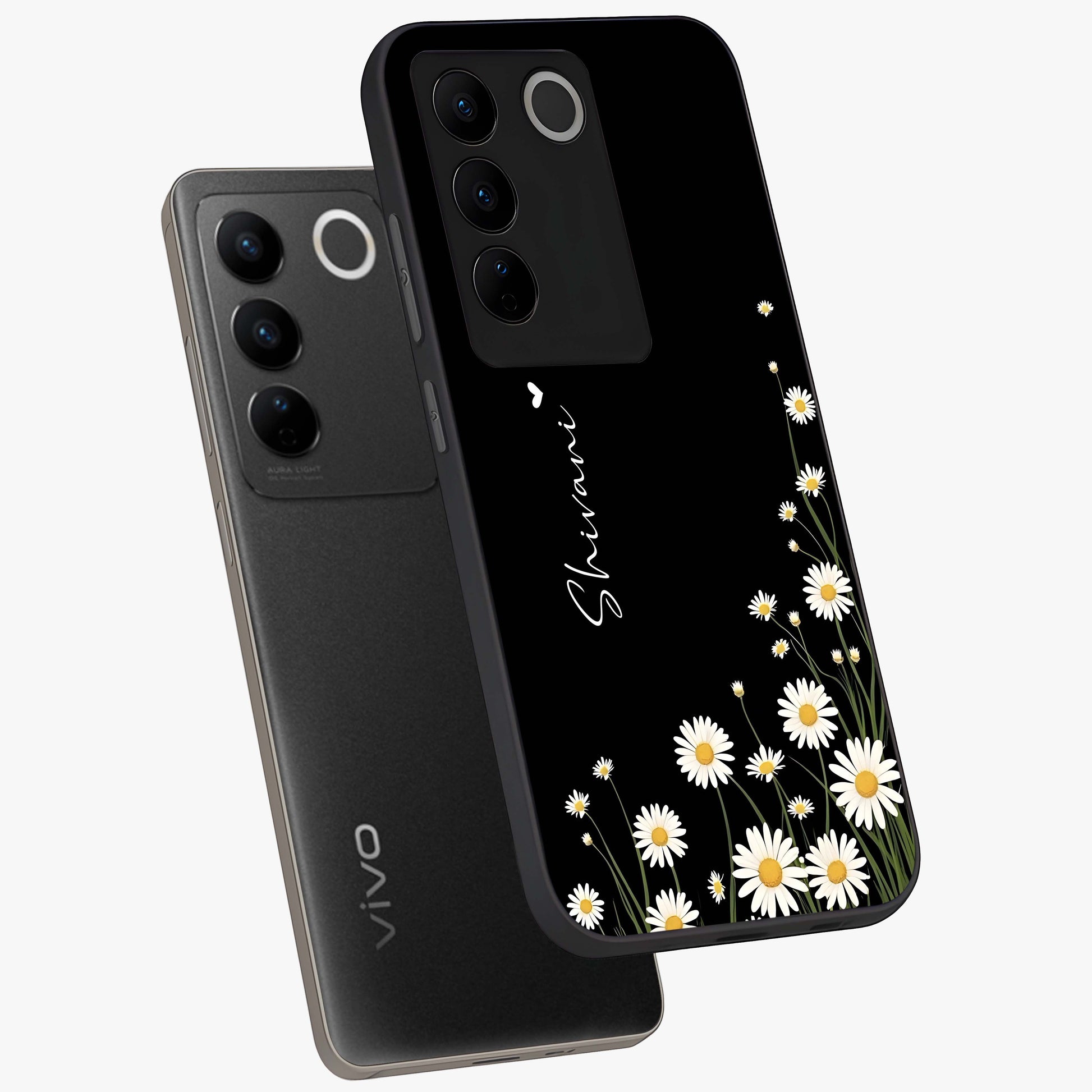 Daisy Cascade Custom Name Glass Case displayed in angled mockup highlighting delicate daisy artwork with custom name feature.