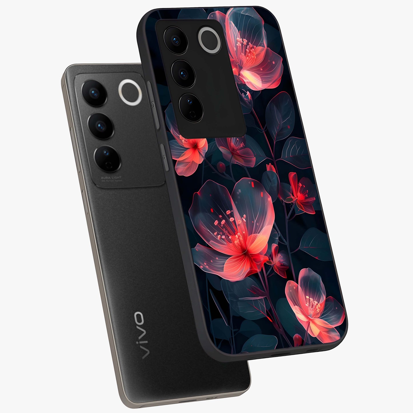 Dark Shade of Flower Glass Case displayed in angled mockup highlighting moody floral illustration with aesthetic dark tones.