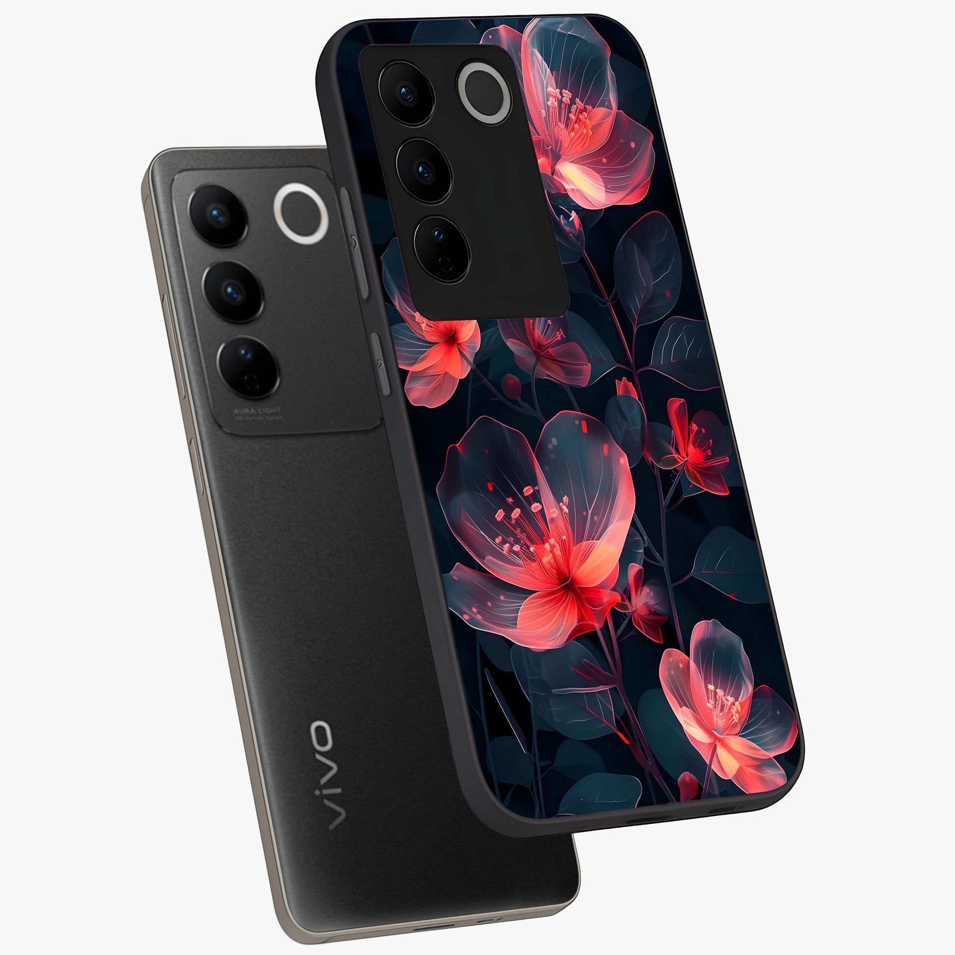 Dark Shade of Flower Glass Case displayed in angled mockup highlighting moody floral illustration with aesthetic dark tones.