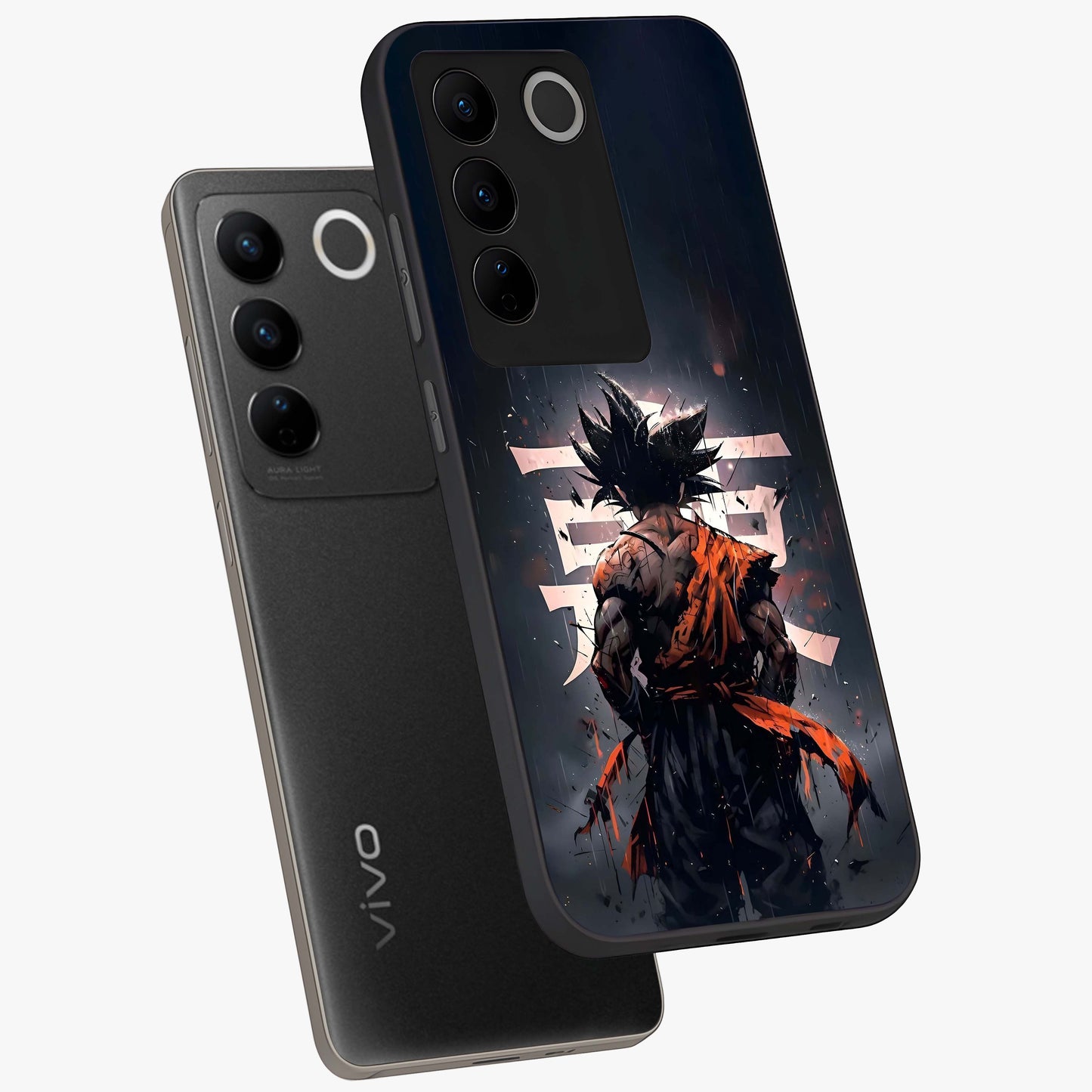 Dark Warrior In Rain Glass Case displayed in angled mockup highlighting dramatic warrior illustration with dark rain aesthetic.