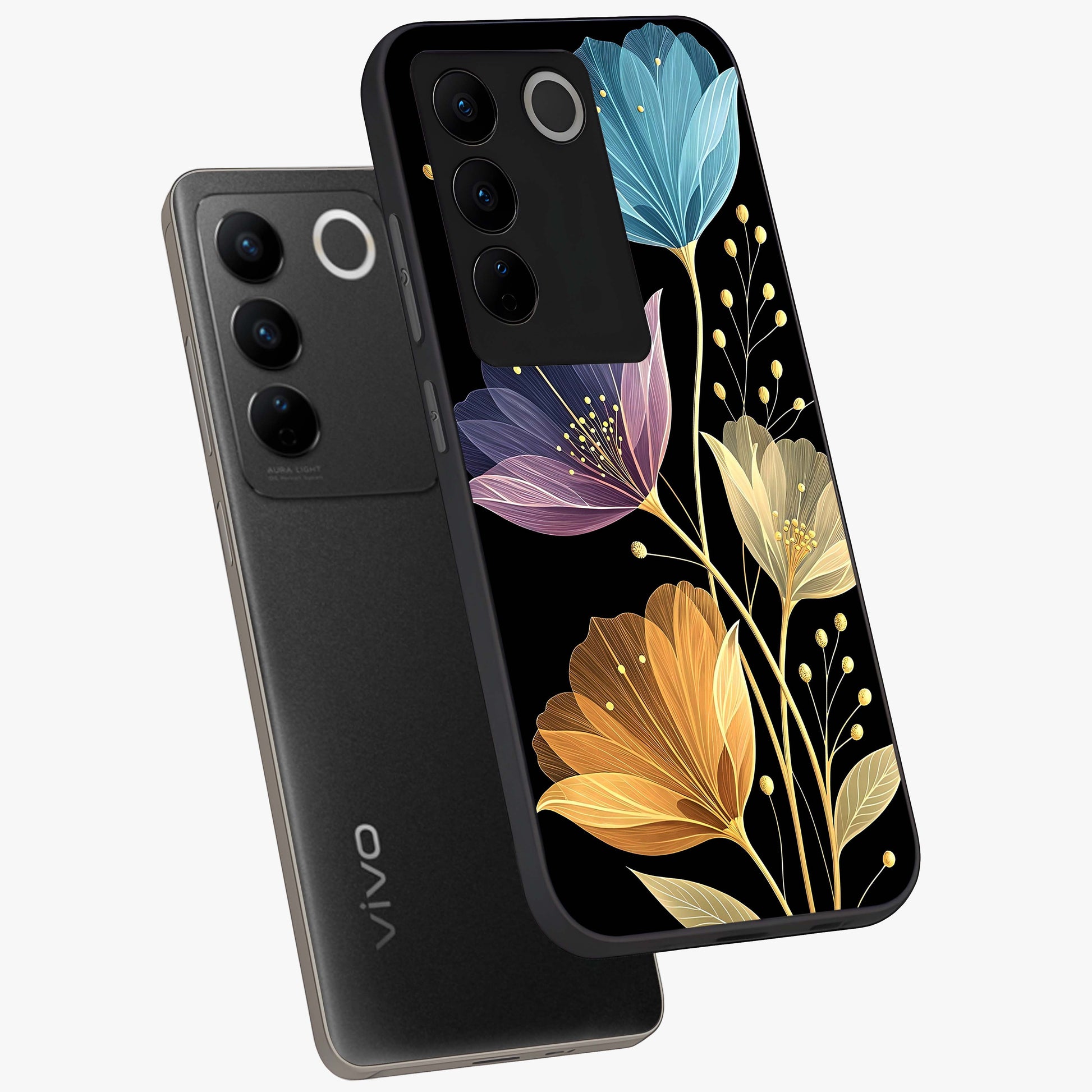 Delicate Multicolor Flowers Glass Case displayed in angled mockup highlighting colorful flower pattern with soft aesthetic style.