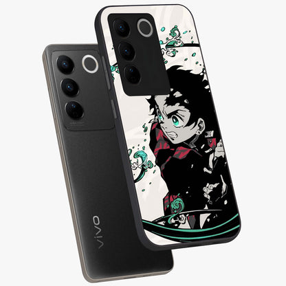 Demon Slayer Glass Case displayed in angled mockup highlighting dramatic anime character design with action aesthetic.