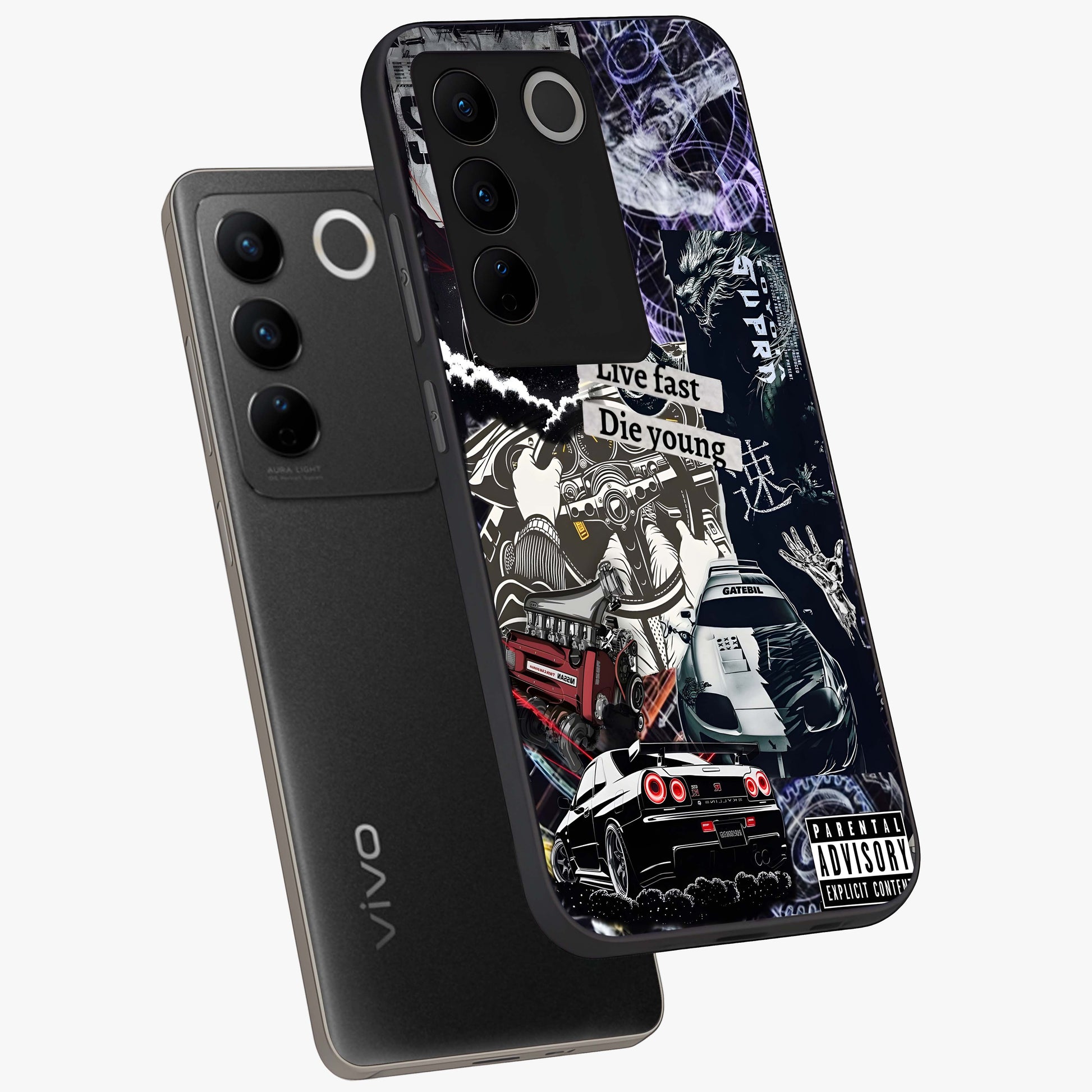 Die Young Glass Case displayed in angled mockup highlighting expressive graphic artwork with edgy aesthetic style.