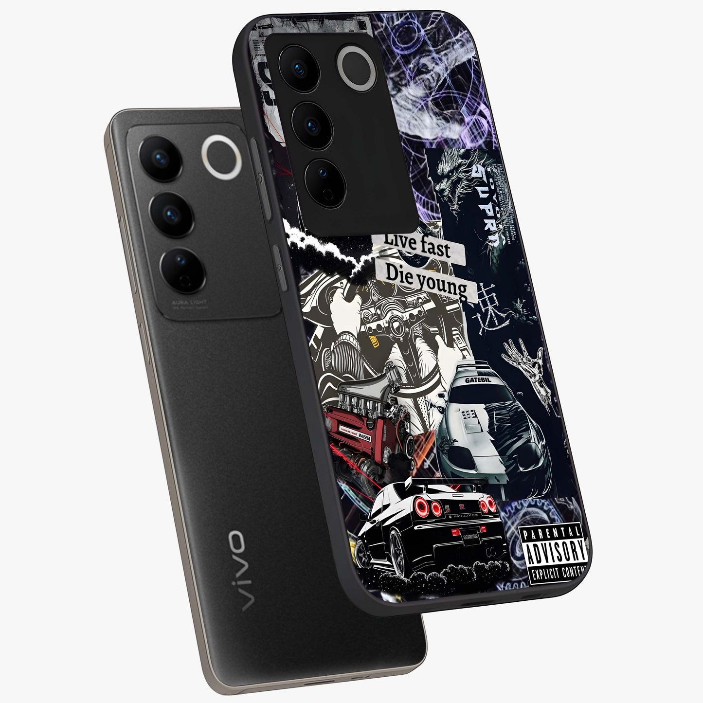 Die Young Glass Case displayed in angled mockup highlighting expressive graphic artwork with edgy aesthetic style.