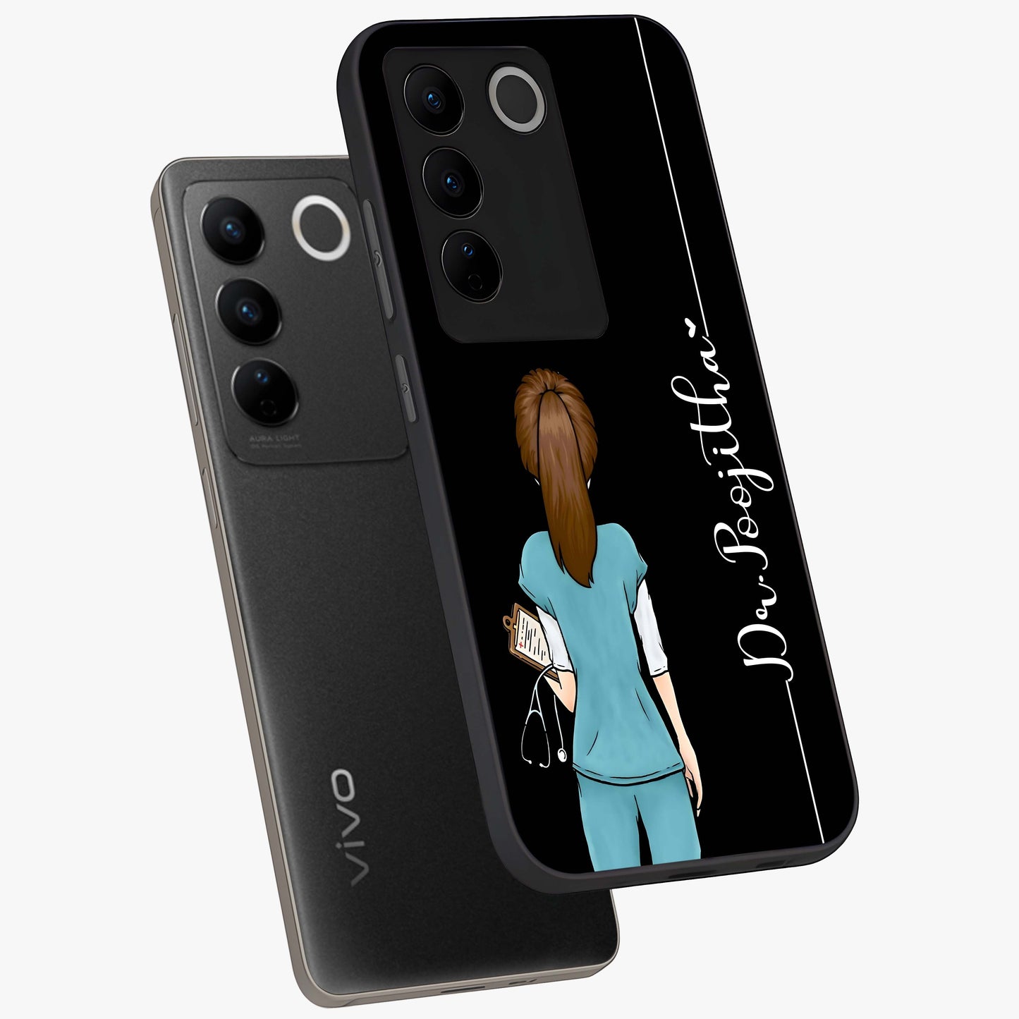 Doctor Pattern Custom Name Glass Case displayed in angled mockup highlighting doctor inspired artwork with custom name feature.