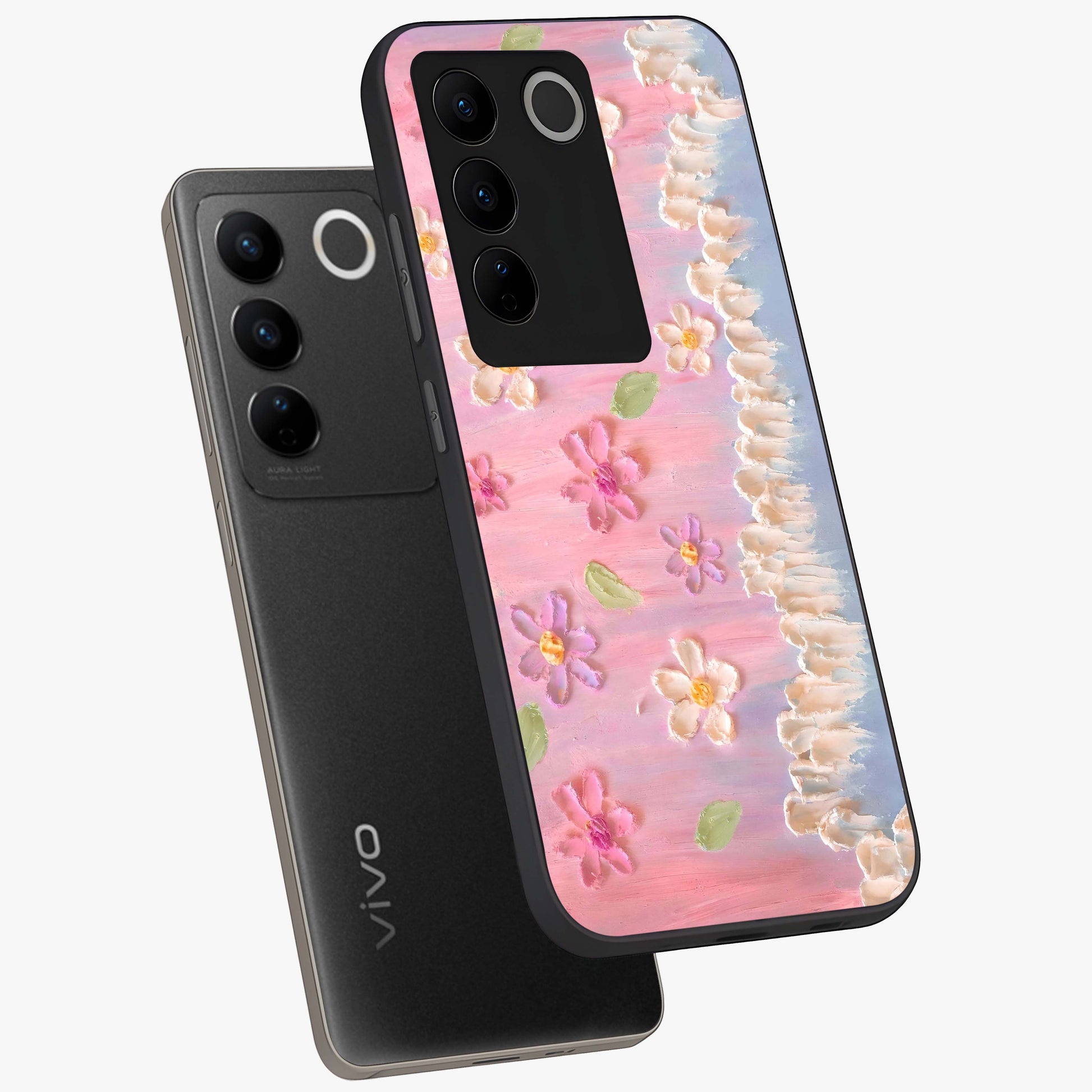 Dreamy Painted Garden Glass Case displayed in angled mockup highlighting colorful garden illustration with dreamy aesthetic style.