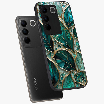 Emerald Leaf Glass Glass Case displayed in angled mockup highlighting botanical leaf illustration with elegant natural aesthetic.