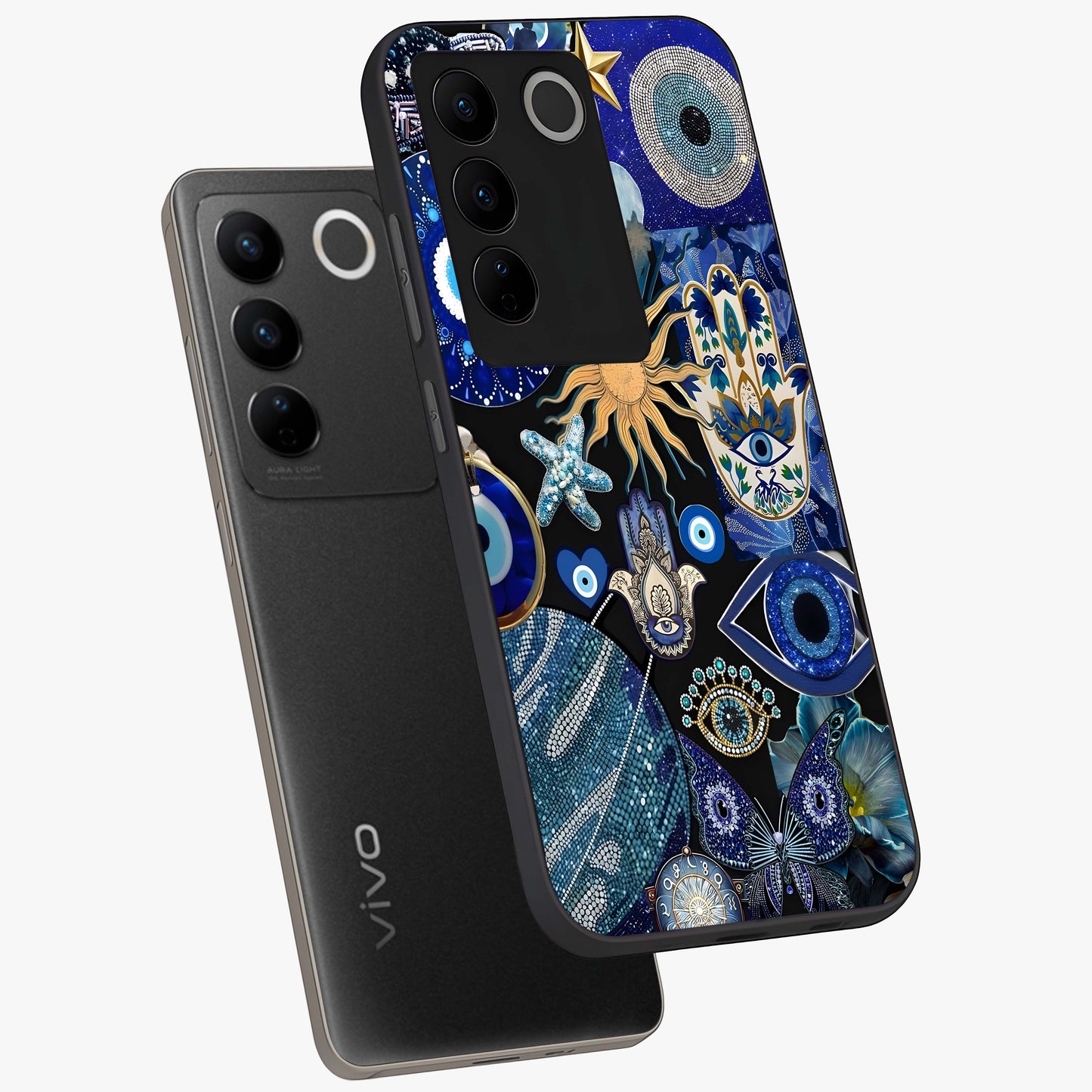 Evil Eye Charm Mix Glass Case displayed in angled mockup highlighting protective evil eye symbols with spiritual aesthetic design.