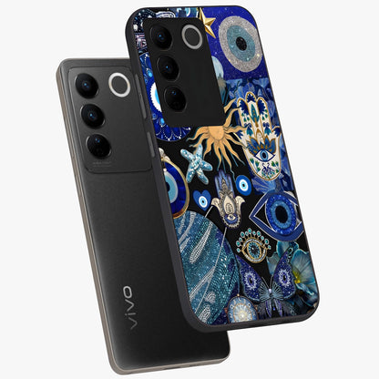 Evil Eye Charm Mix Glass Case displayed in angled mockup highlighting protective evil eye symbols with spiritual aesthetic design.